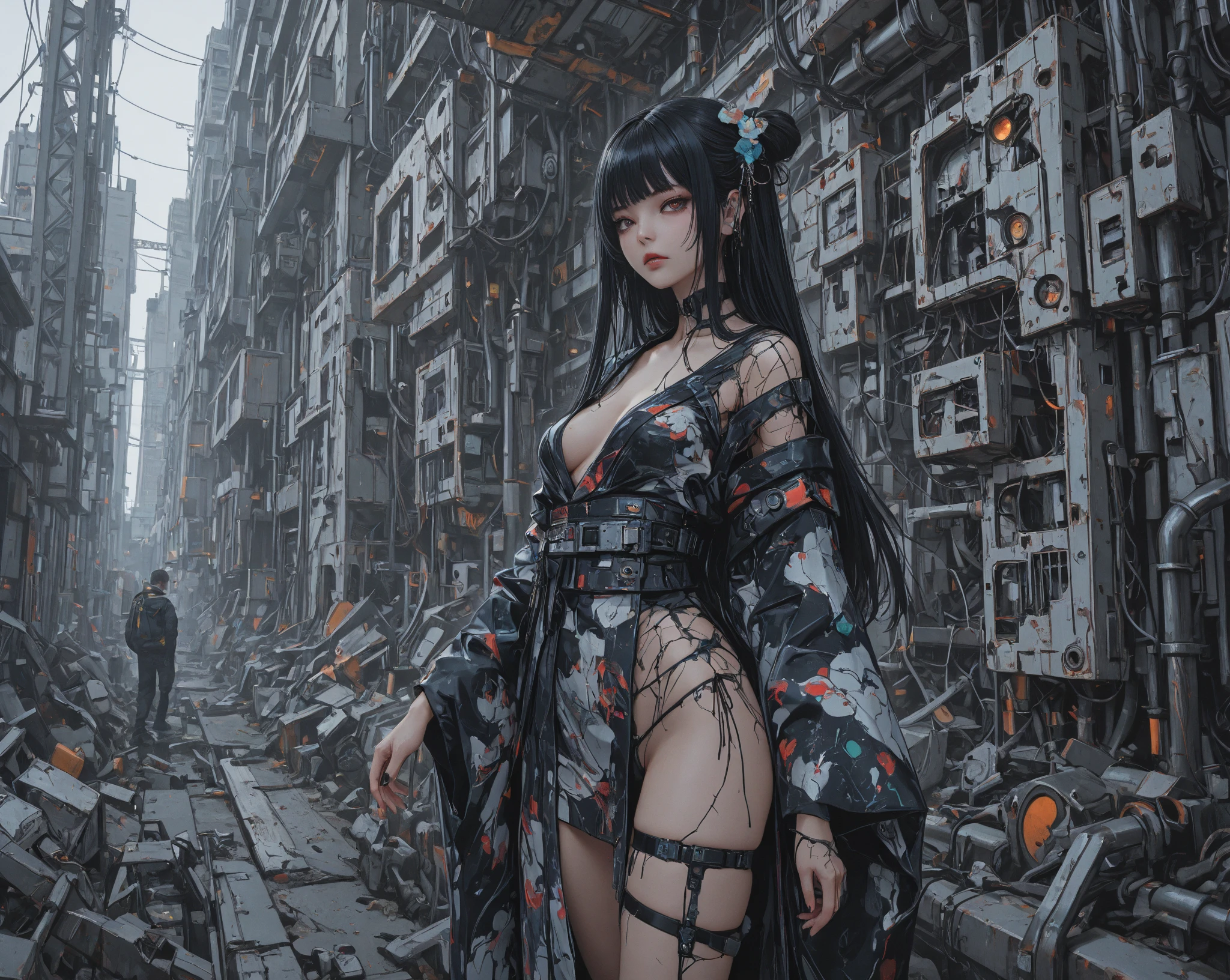 In a large garbage dump, an angel (Full body) is dressed in torn and rotten clothes that seem to blend seamlessly into the surroundings, against the background of New York skyscrapers, Her hair is unkempt and tangled, and her skin is covered with dirt and grime. But her eyes shine with a disturbing intelligence.