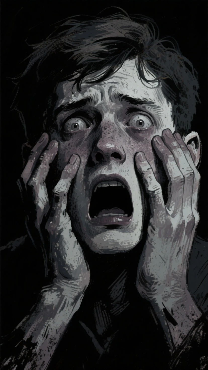 <lora:Sam Spratt Style:1>Sam Spratt Style - Another possible image could be a close-up of a character's face, with eyes wide and mouth agape in terror. The background could be blurred or obscured, leaving the viewer to wonder what is causing the character's fear.