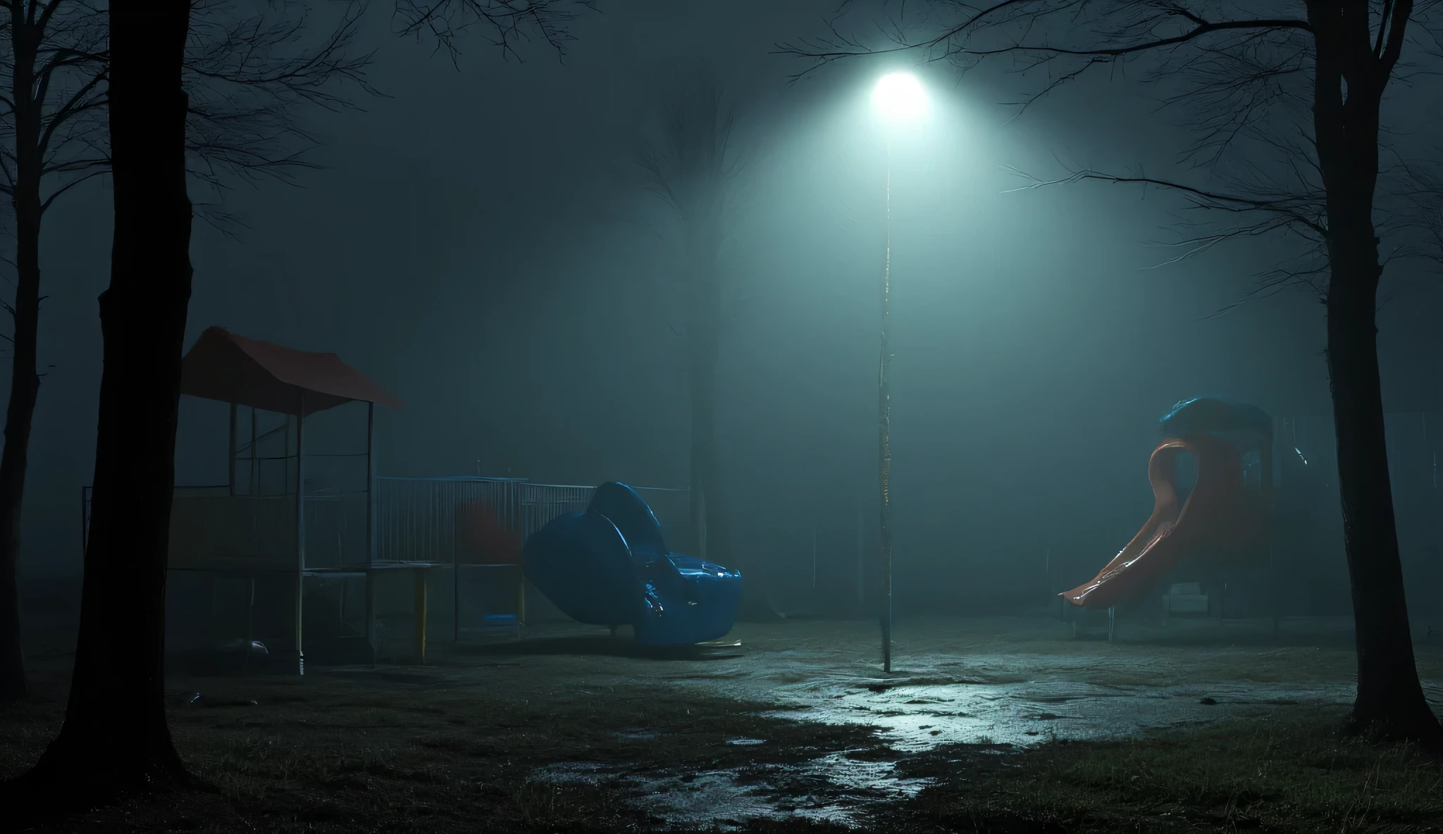 A dark empty playground, ethereal, liminal, hyper realistic, high detail, masterpiece.
