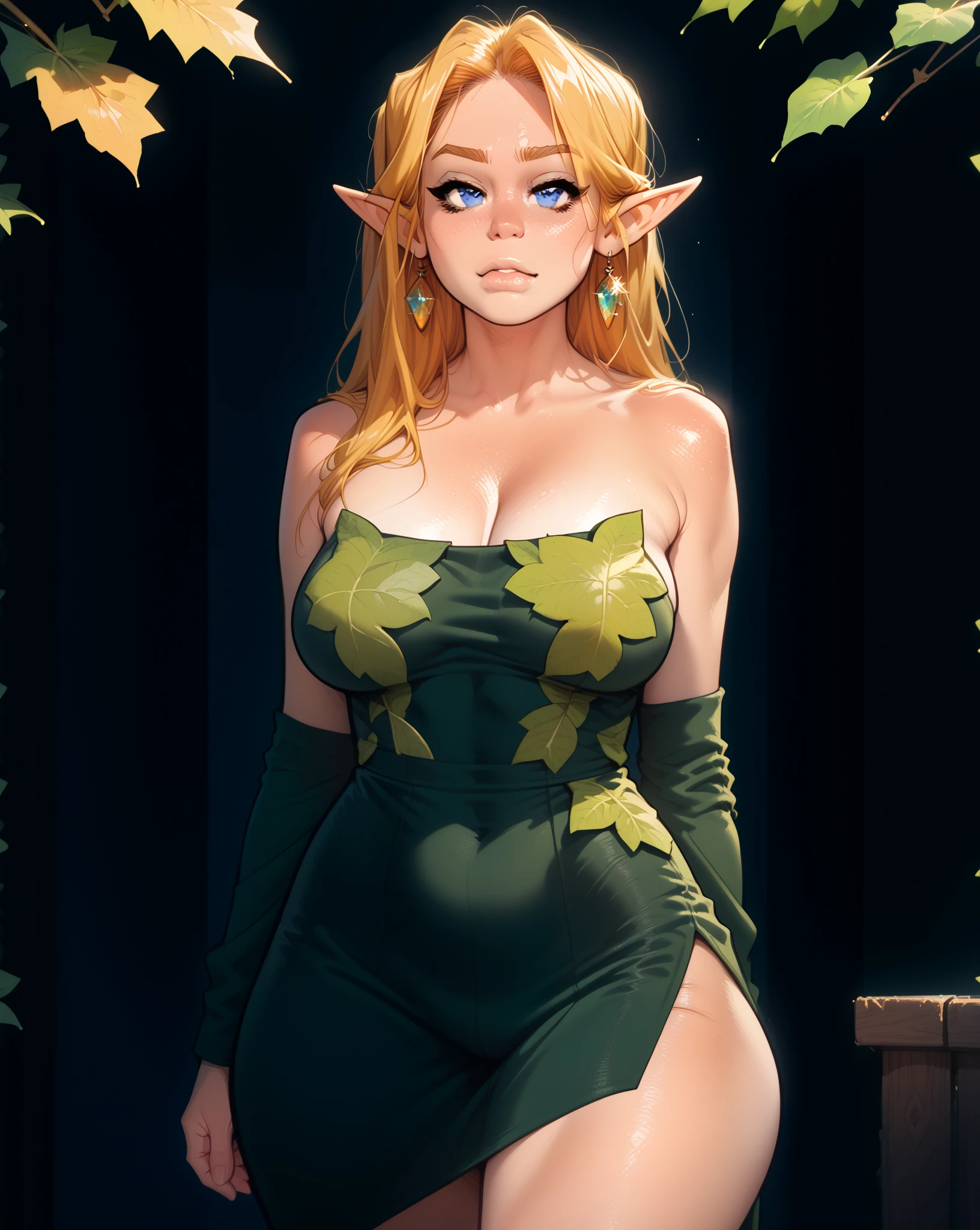 "Beautiful young elf girl, wearing an unrevealing and conservative green dress, standing innocently in a elfish village decorated with elfish ornamentation and patterns, blonde hair, green eyes, elf ears, best quality, masterpiece, ultra-detailed, award winning art"