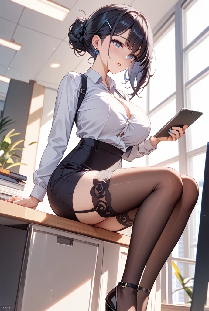 masterpiece, Highest quality, pretty girl,Gray Hair,Small breasts, skinny,hair ornaments, Twin tails,Large areola,Erect nipples,Panties with ribbon,Sarashi,,Net pattern stockings, necklace, skinny ,,((Nipple soothing)),Office worker sitting on chair,(Lace lined pencil skirt)