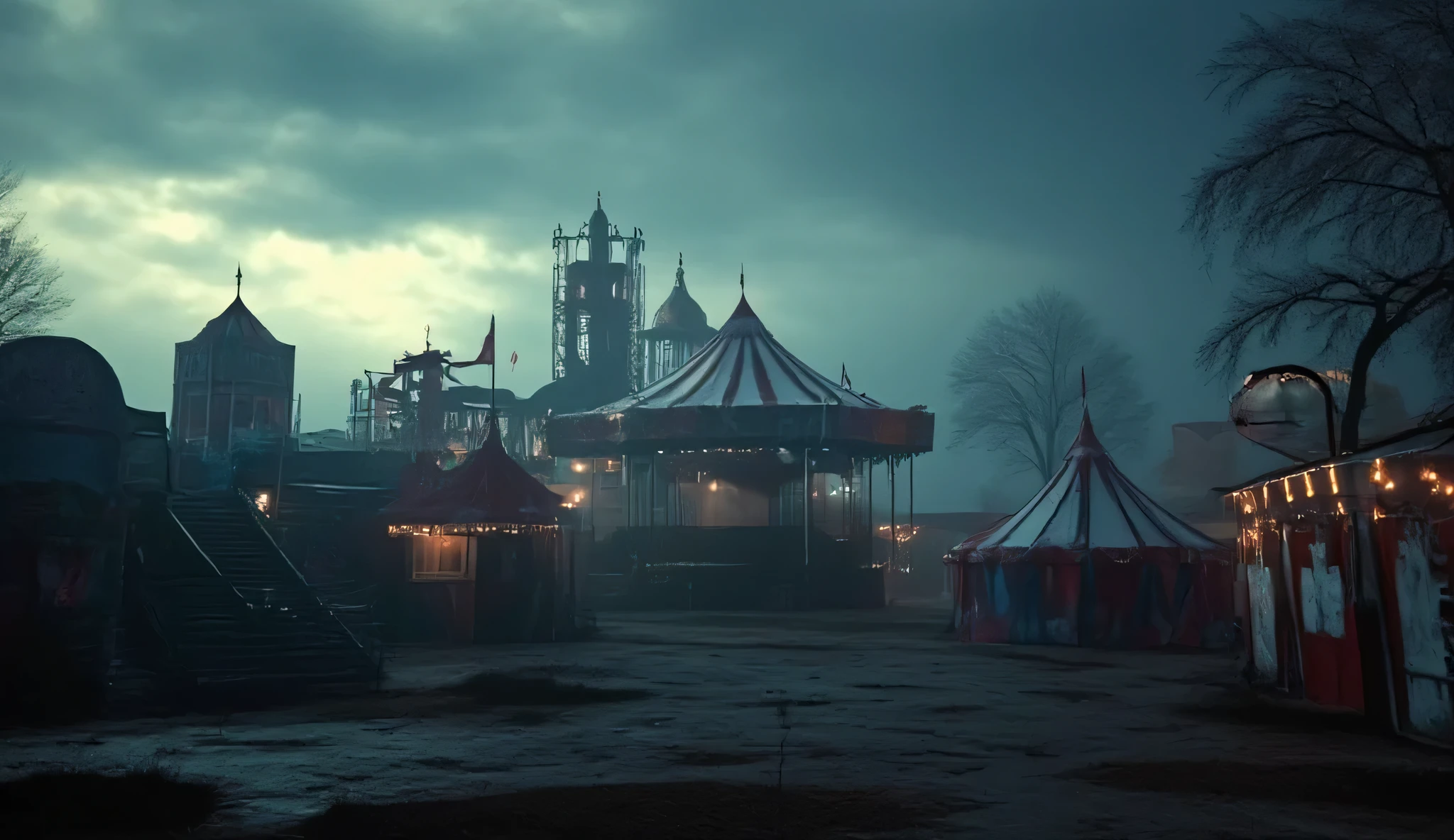A dark empty circus, ethereal, liminal, hyper realistic, high detail, masterpiece.