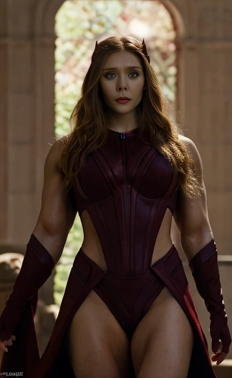 ((best quality)), ((masterpiece)), (detailed), perfect face, playful 20 year old woman, muscular and athletic body.  Sensual pose. Inside a spaceship, wearing highly detailed futuristic skimpy scarlet witch armor