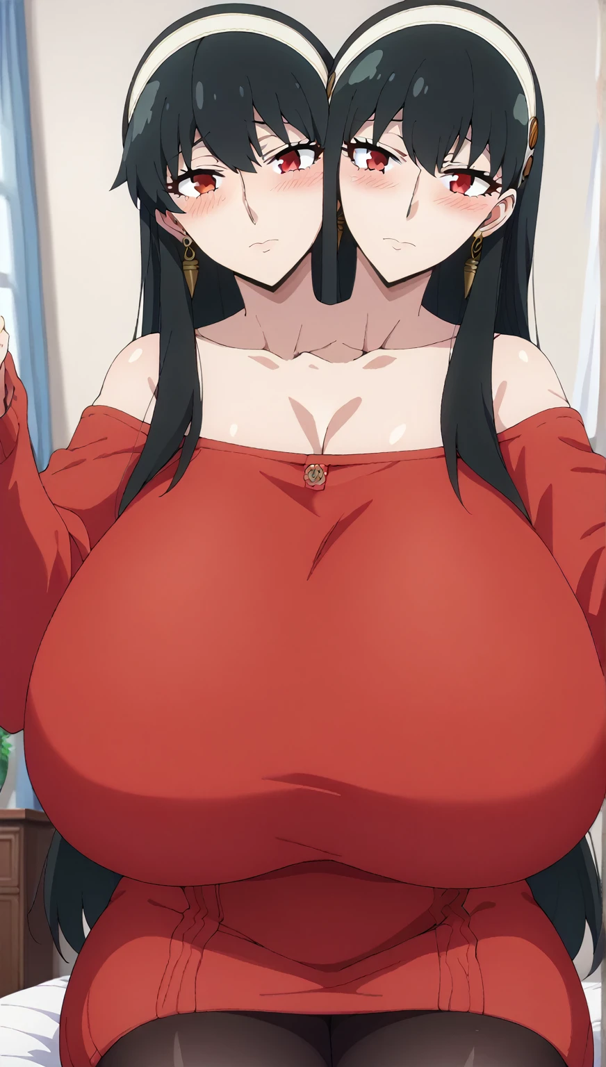 ((Tabletop, Highest quality, High resolution, Pixel perfect, 4K, nsfw)))、1 Girl, single, alone, Beautiful woman、 ((short hair, Long sideburns、Black Hair)), ((Red eyes, Beautiful eyelashes, Realistic eyes)), ((Detailed face, blush:1.2)), ((Smooth texture:0.75, Realistic texture:0.65, Realistic:1.1, Anime CG Style)), (((Muscular)))、((Huge breasts、Thick thighs)), Perfect body、Office room at night、((((Embarrassing、blush))))、((Sweat))、Gold Hair Ornament、Are standing、(Put your hands behind your head、Armpits)、red ribbed sweater、Sweater Lift