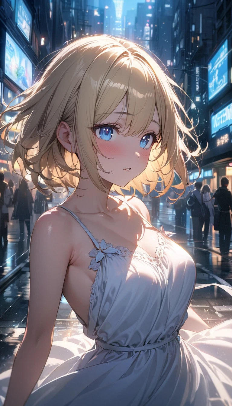 (front focus、perfect anatomy:1.5)、(Super detailed、16K quality、original photo: 1.6)、Portrait of a surreal woman、fantasy 、Art from、real picture、Dynamic lighting、Volumetric lighting、The face is rich in detail、Smile、1 girl、Sixteen years old、cleavage、（White and bright red dress:1.5)Rear exposure、Off-shoulder、Review 1.5:）(Asian、There are many stalls on the street、summer:1.5)(sun showers、Rain Shake:1.5)