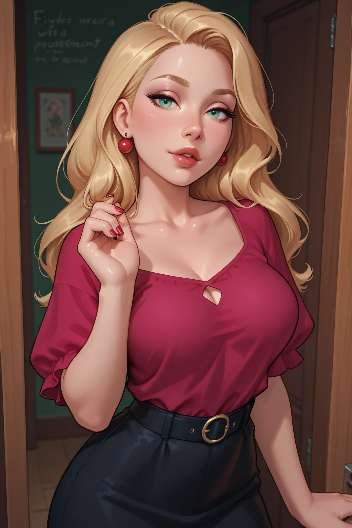 Masterpiece, best quality, high resolution,setting of a nice neighborhood street with trees,Lady around 40 years old, long straight wavy blonde hair, white skin, freckles, glasses, sharp features, blue eyes, pretty, slightly long upturned nose,red lipstick,gently sad expression, thicc voluptuous body, hourglass figure, very big breasts,red long-sleeved blouse, high neckline,Looking ahead,Pov closeup, very close, only face and chest visible,