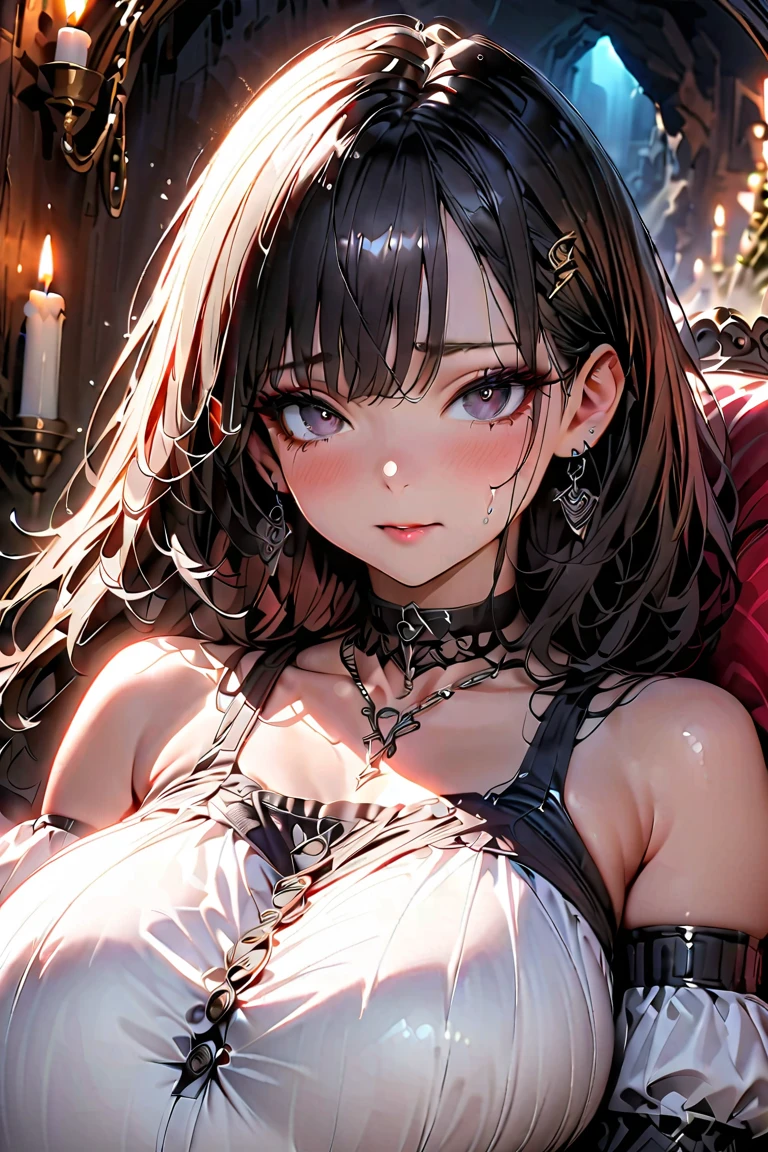 score_9, score_8_up, score_7_up, score_6_up, 1girl, solo, jewelry, rating: safe, brown_eyes, black_hair, lips, makeup, armlet, breasts, egyptian, egyptian_clothes, dark_skin, nose, earrings, gold, lipstick, cleavage, realistic, looking_at_viewer, medium_breasts, open_mouth, oral_invitation, piercing, gyaru, blunt_bangs, bangs, bob_cut, vampire, long_fangs, (from_above:1.3), downblouse, dark, silk, see-through, (blood_from_mouth:1.2), black_robe, blood, sharp_teeth, moonlight, temple, (blood_on_face:1.2)