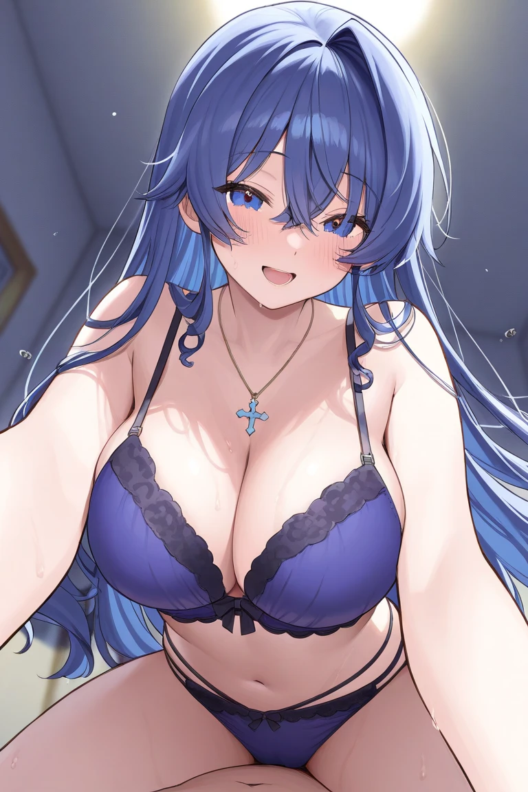 ((NSFW:1.4, masutepiece, Best Quality, hight resolution, nffsw, Perfect Pixel, depth of fields, 4K, nffsw, nffsw))), 1girl in, Single, Solo, Beautiful anime girl, Beautiful Art Style, Anime Character, ((Long hair, Bangs, dark brown hair, hair messy:1.6, Curly hair:0.8)), ((Curly eyelashes, Realistic eyes)), ((Detailed face, Blushing:1.2)), ((Smooth texture:0.75, Realistic texture:0.5, Anime CG style)), ((medium breasts, cleavage)), Indoor, Bedroom, Dynamic Angle, busty, puffy nipples, Perfect body, Dynamic Pose, Armpit, Hands up, ((Falling asleep in bed, Supine, sleepy, Closed eyes, lyin in bed, Sleeping Pose)), ((close up, POV, Cute, Shot in the face, The look of sighs, Awaken)), ((Purple Bra Color, Purple Lingerie, Single Diamond Necklace)), (Natural light, light reflections, morning)