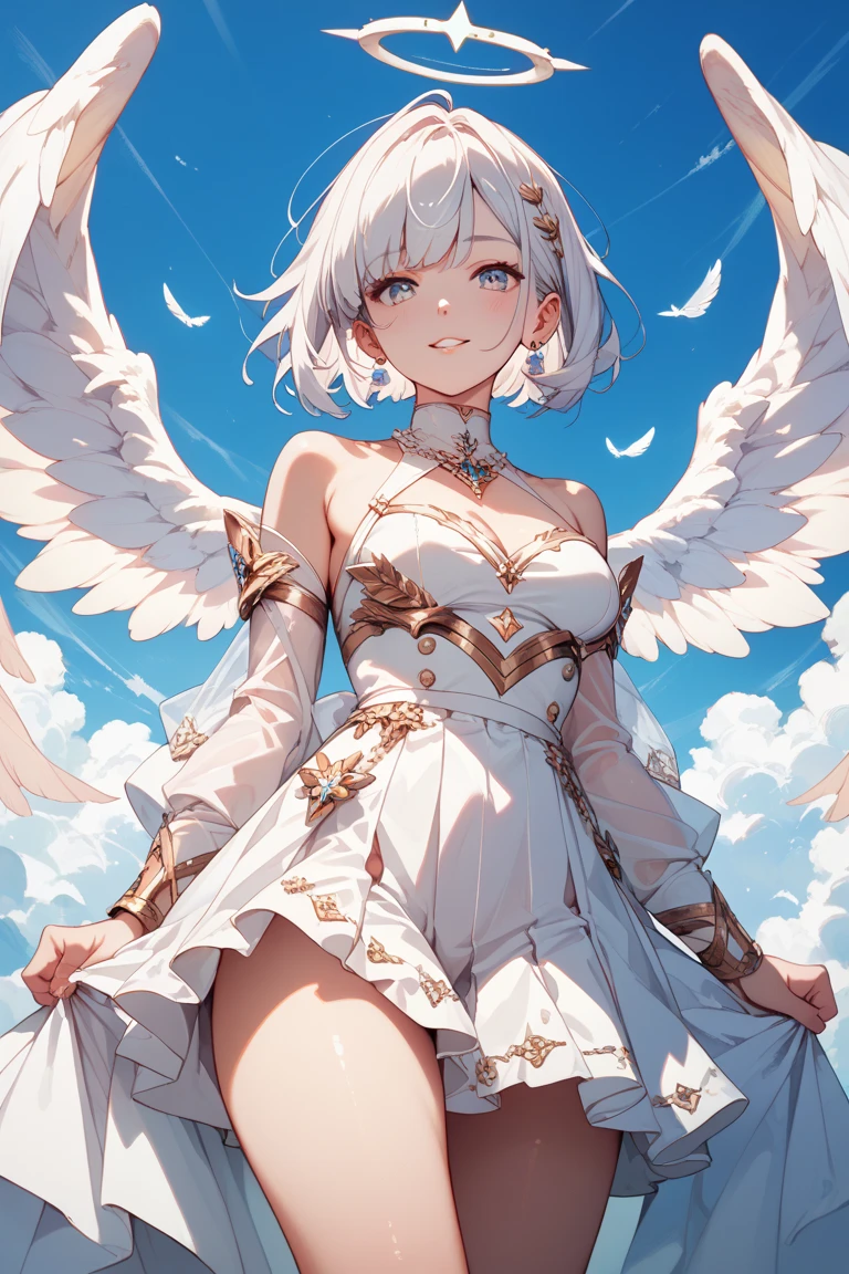 (masterpiece)、(absurdres)、(ultra detailed)、(8k),((Woman with angel wings:1.2)),Floating white feathers:1.4,(soft lighting:1.2),smile,cowboy shot,(Greek national costume:1.2),front,((solo girl),(white hair),shortcut hair,(shiny pink eyes),(middle breast:0.9),BREAK,(yellow hairpin:0.9),BREAK,hands on Floating rainbow lighting cube:1.1,looking away,looking down,closed mouth,