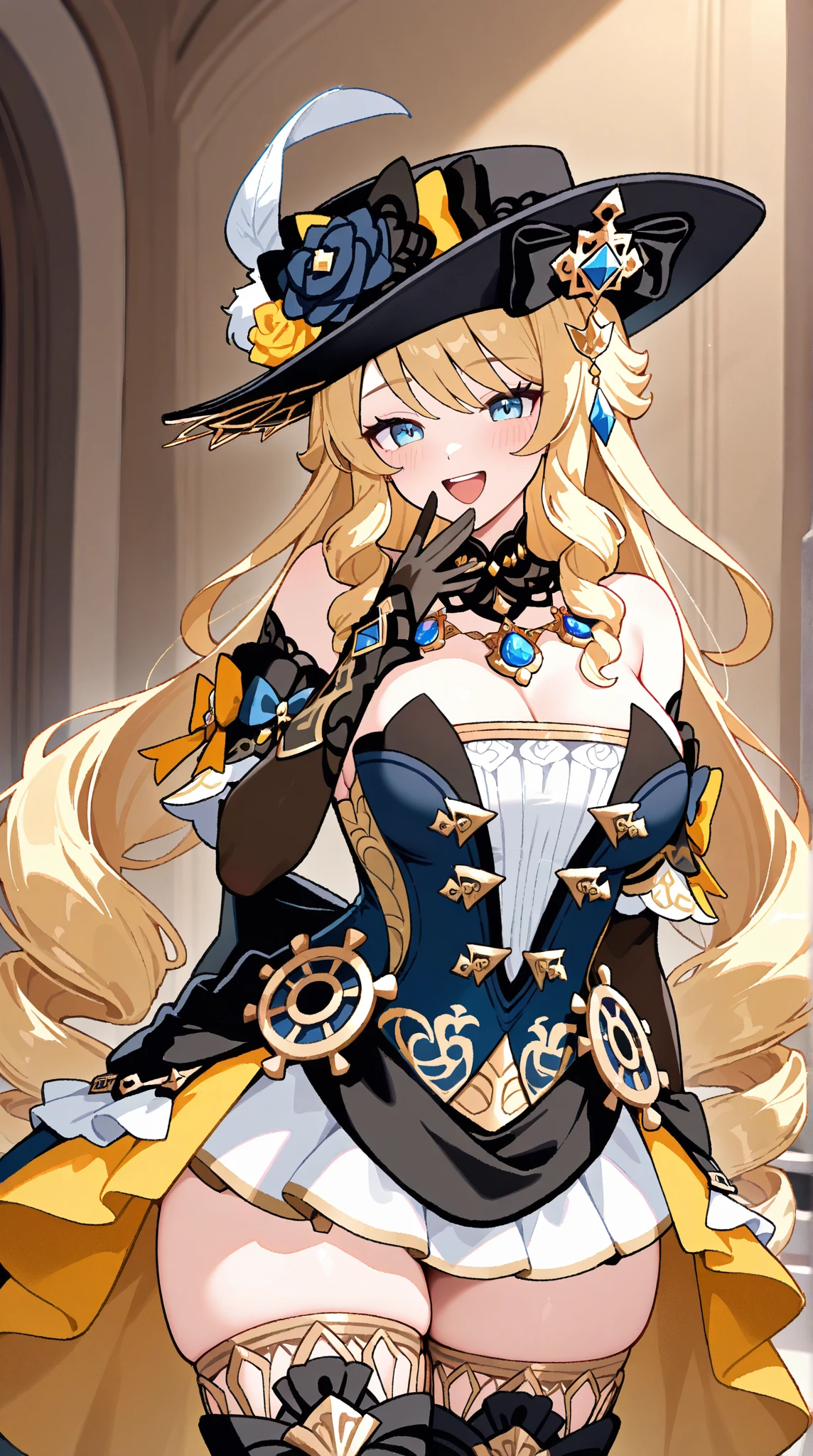 masterpiece, best quality, highres, 1girl, Navia, black headwear, hat, flower, feather, black thighhighs, black gloves, smile, (simple dark background), big breasts, cleavage, (wide-brim hat)