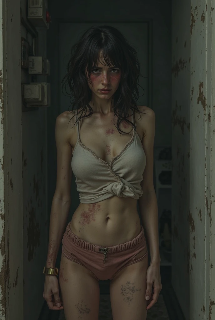 Hot bonito Zombie Girl,sozinho, peitos enormes , cintura fina, quadris largos, coxas grossas, bunda grande, Curvas Thincc,Corpo Perfeito, seios pesados, corpo suando muito, suor axilas suando pele oleosa, axilas vermelhas, Dirty body with mud marking,  marking, DAMP BODY, Chovendo, Noite , pose on the buttocks showing pose, wearing a gradient striped green bikini in a haunted house, Realismo,Bloody body, evil face