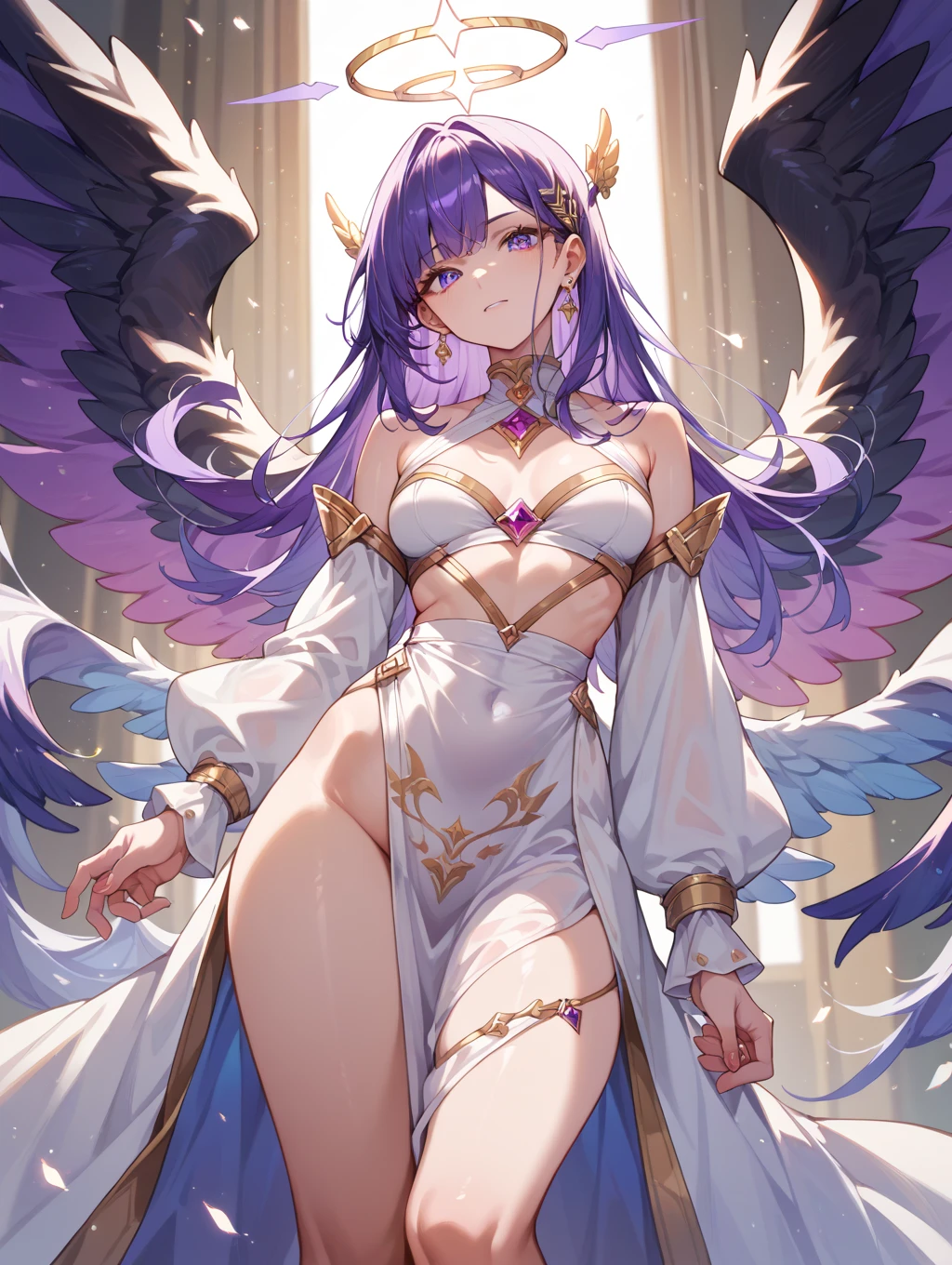 Young moon goddess adorned with purple hair on a bright dark fantasy moon scaffold with wings and soft features, dark red eyes, bright white angel wings, bright lights and sparks, Anime goddess, Unreal Engine rendering + an angel Character art rendered in 8K, rendering of a cute anime girl art angel, Motor Unreal, Anime angel wings detailed, High quality 8k detailed artwork, goddess. Extremely high level of detail, photorealistic rendering of anime girl, goddess of Light, silver diamond tiara on head beautiful curly hair