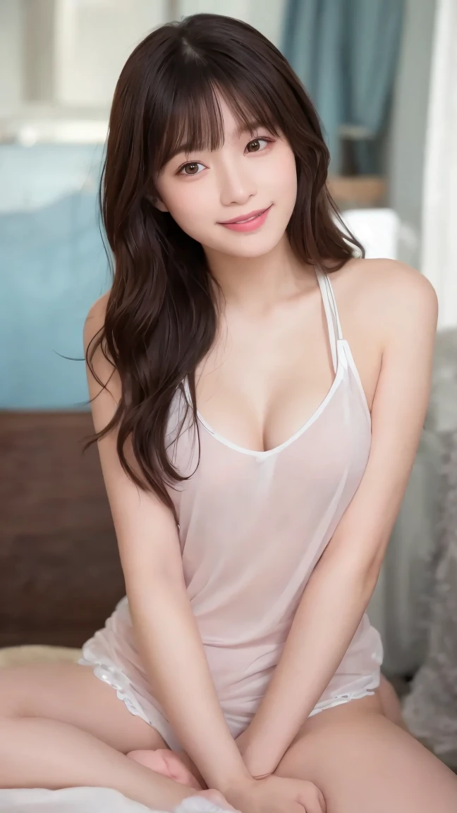Highest quality, Very detailed, finely, High resolution, 8k wallpaper, Perfect dynamic composition, Beautiful and exquisite,ランダムなcute髪,,Natural color lip, Bold sexy pose,smile、20-year-old girl、cute、Looking into the camera,Always blur the background,Perfect and beautiful face,Slim face and figure,Big eyes、Gal Makeup,Small face,Shooting from below、smile,Elegant feminine face、Change pose randomly、Randomly change the shooting angle and position、smile、Top to bottom々Shoot from the right angle and direction、Sexy Face、On all fours、On the bed、Pink camisole,Blurred Background,Kissing Face