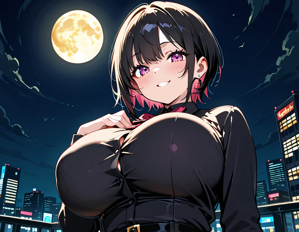 Fubuki, sexy woman, mature milf, big breasts, curvy, nude, nipples, pussy, shining skin, sweating, smile, standing, rooftop, city scenary, outdoors, night time, moon and stars