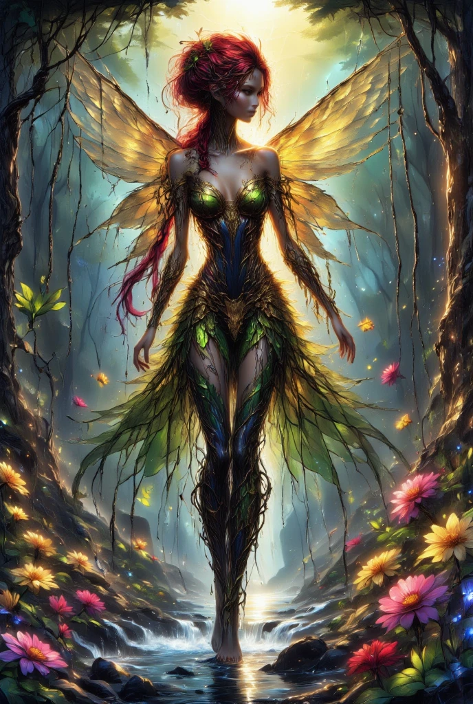 (((8k RAW photo, hyper realistic, masterpiece, best quality, crisp detail, high definition, high detail, very rich detail, sharp focus, sharp detail, colorful, rich color, cinematic, perfect studio lightning, full body photograph, mystic atmosphere))), ((fully naked young colorful evil forest goddes, fully nude, smooth body, ideal body, evil smile)), (sensual pose, temptating viewer, spreading legs, showing pussy to viewer, big breast, (showing (pussy, vagina, genital, nipples))), ((green hair)), holding really big long sword, ((wind dragon wings, tail)), ((very long sharp claws)), ((deep rain forest)), (hundreds of ( skull, bone) on land), ((naked female fairy behind)), sorrounded by colorful poisonous mushrooms and flowers, natural deep river,