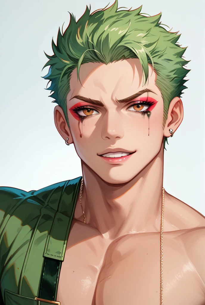 "Edgy dude with the badass attitude, red eyes, green hair, short hair."