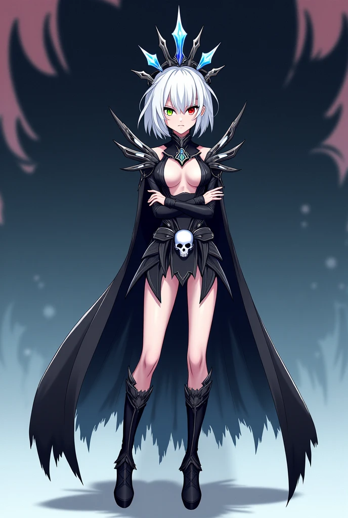 (((Tall Woman))), (High resolution), (Highest quality), (masterpiece), ((High resolution, 4K)), detailed, Super detailed, Complex details, androgen, ((Slime creature)), ((alone_Concentrated)), ((Slime)), Silver Hair, short hair, mature, beautiful, ((whole body)), Toned body, Sports competition, View your viewers, Armor, Cheeky, Closed_mouth, exudes a dark aura, Wearing a white shirt, ((tops:(Chain Mail)), ((High leg)), ((gloves:(arm guard))), Simple Background, Threatening, Severe, Hunter, Large Breasts,NSFW, ((Wide open chest)), Hip and thigh skin