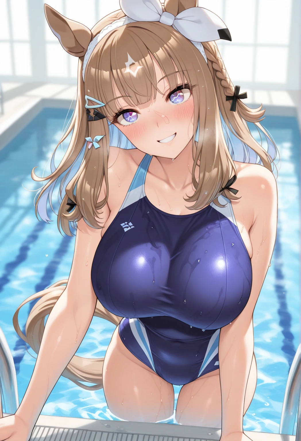 princess, school swimsuit, white and blue swimsuit, one-piece swimsuit, adult, 20 years, brown blond hair, beautiful long hair, brown eyes, beautiful eyes, mid-sized breast, light smile, masterpiece, (masterpiece, best quality:1.2), highres, extremely detailed CG unity 8k wallpaper, perfect lighting, Colourful, ultra-high res,4K,ultra-detailed, photography, 8K, HDR, highres, indoor pool background, school,
