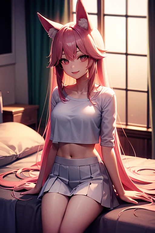nana devilk, That Deviluke, tooth, long hair, (pink eyes:1.5), pink hair, demon tail, (flat chest:1.2), smile,blush,ponytail,Tank top,shorts,barefoot,sitting on the sofa,A girl holding a popsicle in her right hand and eating it,
break indoors,indoor ,
break looking at viewer, (cowboy shot:1.5),
break (masterpiece:1.2), highest quality, High resolution, unity 8k wallpaper, (figure:0.8), (beautiful deしっぽed eyes:1.6), extremely deしっぽed face, perfect lighting, extremely deしっぽed CG, (perfect hands, perfect anatomy),