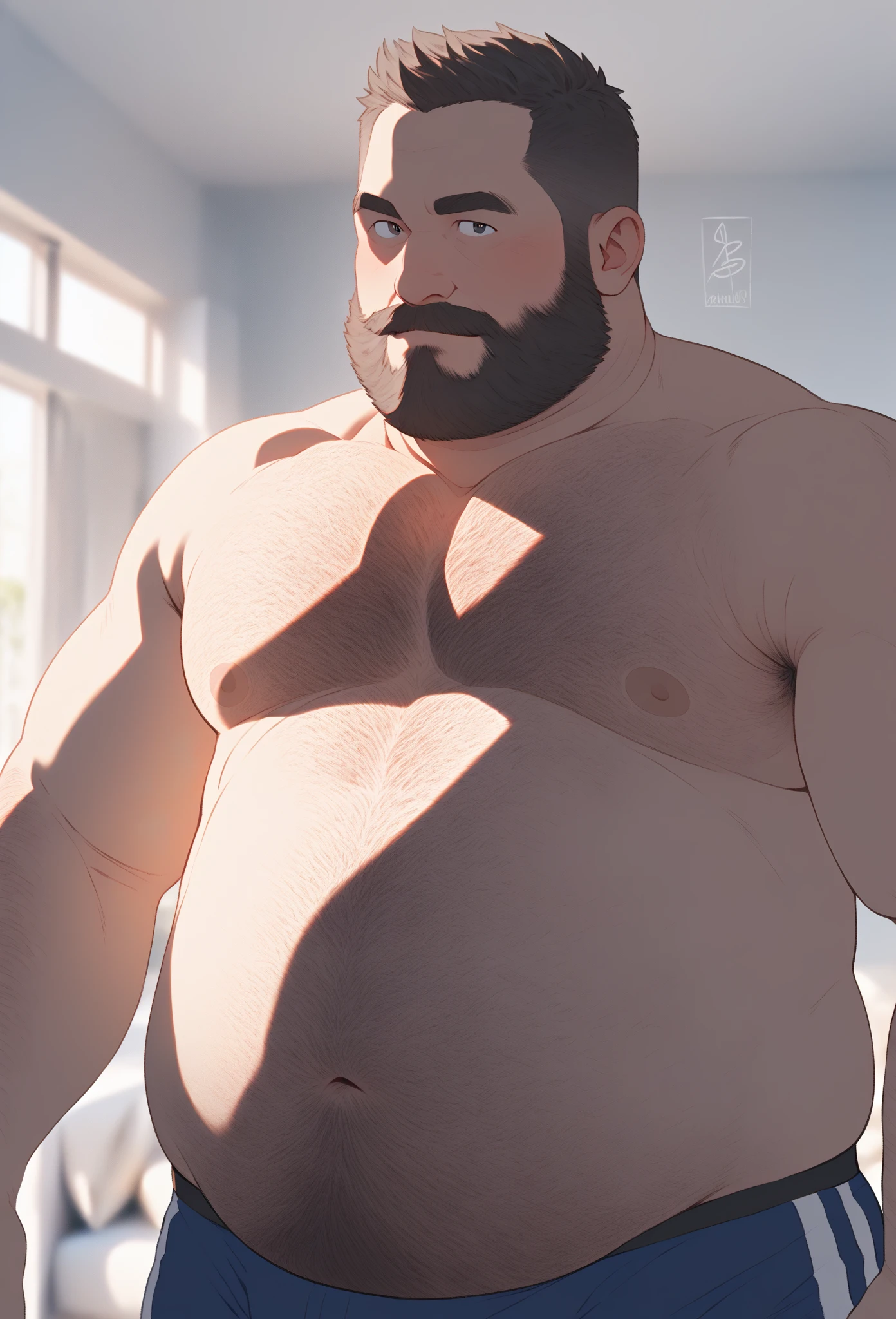40 years old white Male, tall, giant body, handsome, dad bod, beefy, strong arms and legs, wide shoulders, a bit chubby muscle gut, a bit of fat but still very muscular, extremely hairy, a lot of body hair, short beard, wearing an untie black bathrobe with long sleeves, wearing a black boxers, unrealistic oversized big bulge, barefoot, smirking, modern minimalist living room