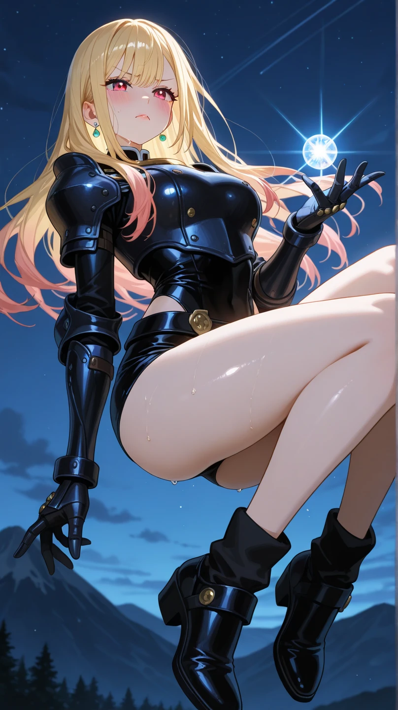 Woman with penis between her legs　A woman wearing a uniform and a shiny black high-cut school swimsuit　　Spread your legs　Vertical roll hair