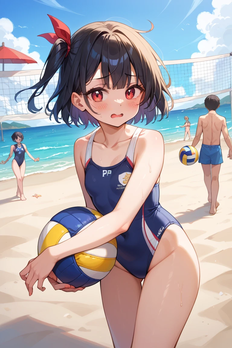 cowboy shot,thin legs,standing,(young girl:1.0),(tiny girl:1.0),(skinny girl:0.8),front shot,flat chest,long twin tails,black hair,navy colored school swimsuit,from below,ground level shot,(loli:1.2),white panty liner
