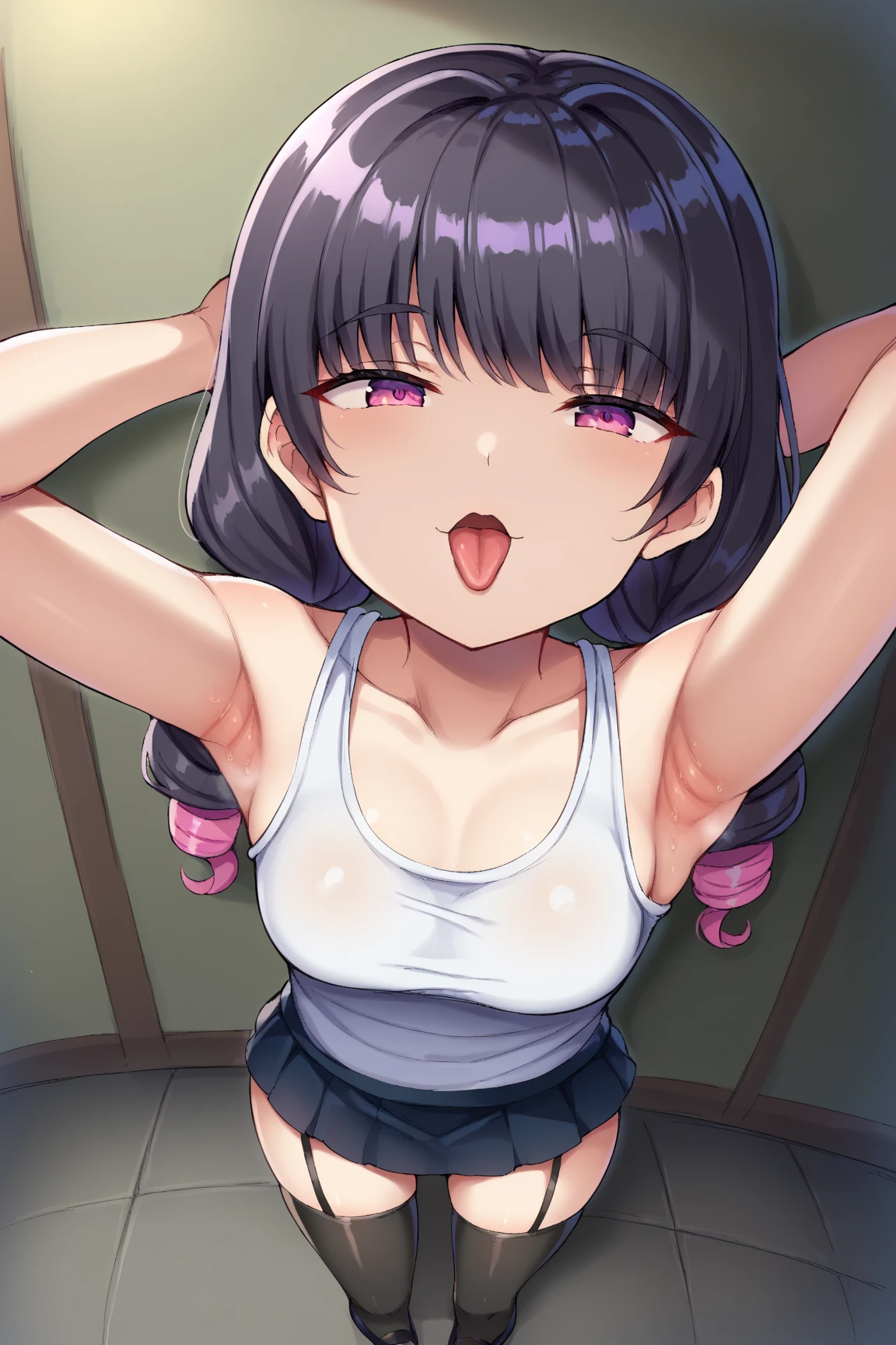little, 8yo, pov, flat chest, nude, sitting wariza between urinals, randoseru, backpack,  (black knee-high socks:1.3), Japanese Uwabaki Shoes, denimu mini skirt, from above, upward glance, black haired, bukkake, cum, cum body, cum hair, cum on face, projectile cum, brown pupil, smile, public restroom, urinals,