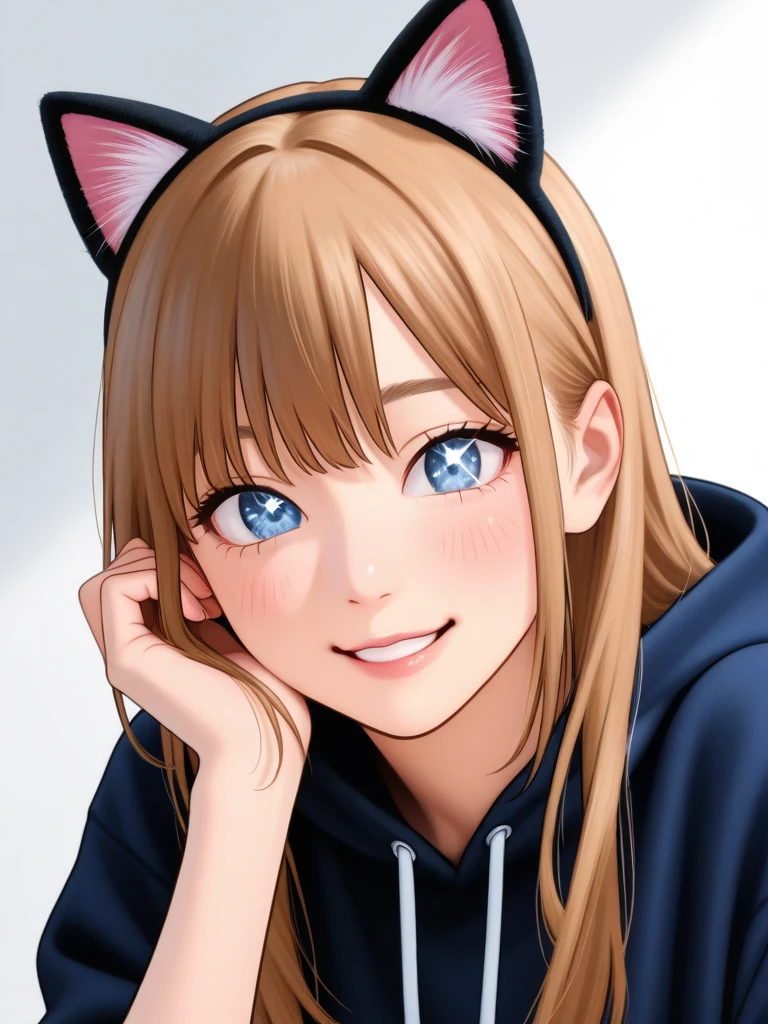 (Best quality), (masterpiece:1.3), (realistic), (photorealistic:1.36), ultra-detailed, from below, a cute girl in shark Giggle, Indoor(flat chest), flipped hair, happy, cute Smile, double teeth,, dynamic angle, kneeling, shark hoodies, Hands on the floor in front of you, Cat Pose,