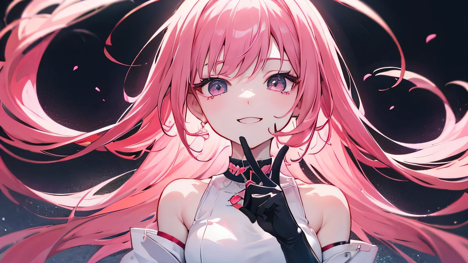 Smiling anime girl, Pink hair, hair messy, Red Eyes, Cute face, Appearance of girlfriend, White top, Black short skirt, Sensual Pose