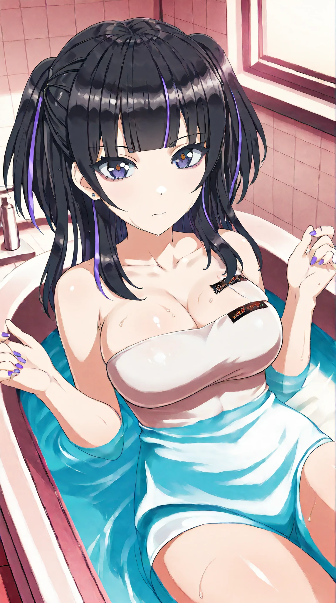 (Perfect body),Best Quality,(8K Portrait),(Official art)、(NSFW)、((Lori))、embarrassed from、jitome、(((:D)))、(Eyes closed)、(((blush))),(Sweat),((((Small udder))))、((Big ass))、(deep purple hair),((Long straight hair))、((blunt_Bangs)), (Black eyes),Brown hair,(((thick thighs)))、(((fullnude)))、Raising arms、Armpits、Bathing、((I'm in a white tub))、(浴室)、(((((foam)))))、sitting on