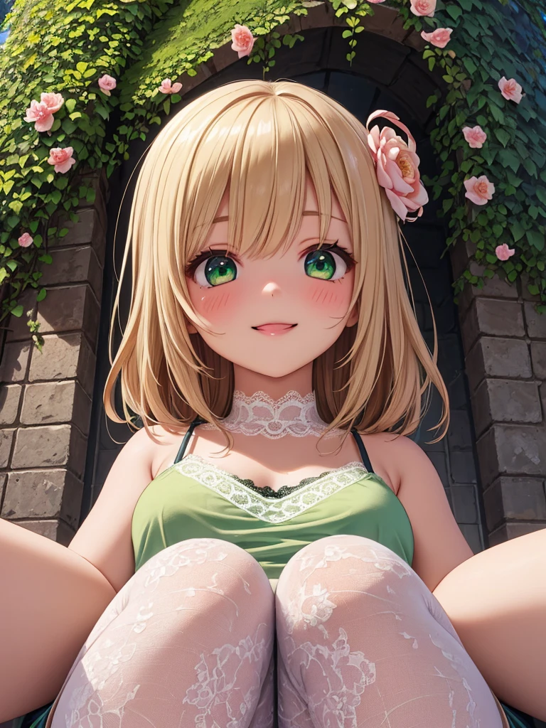 8K, Raw camera, A high resolution, Detailed, Masterpiece, Photorealistic, ultra-realistic realism, Aesthetic, Beautiful, Best quality, highly  detailed, Clothing of the highest quality, aesthetic clothings, Professional angles, Rule of thirds, Feminine, Delicate, Beautiful, 20 years, attractive Japanese, Solo, 1 girl, (marin kitagawa), (full body:1.4), ((From the front, From Under) Shallow depth of field), ((Very happy)), ((black lingerie:1.5)), (Long hair, Blonde), (Loose hair, bangs, Very straight hair), ((Pink hair tips)), (Dark pink eyes, Open eyes, Very cheerful gaze), (face flushed,) (on all fours on grass:1.4), ear piercings, Pink lips, (Average bust circumference), Beautiful body, Beautiful eyes, Shiny eyes, Shiny hair, Beautiful mouth, Beautiful lips, Beautiful skin, Beautiful teeth, perfect teeth, Beautiful face, ((view from down:1.4))