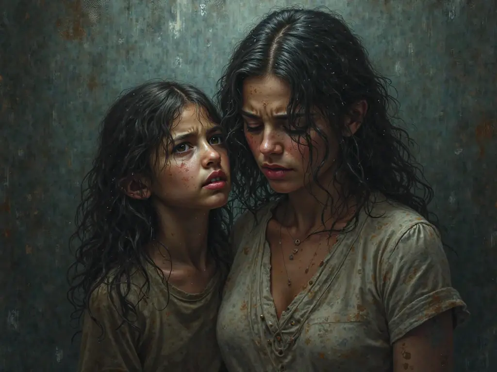 beautiful south american woman in her 20s holding her daughter, mud, scratches on face, mud stained brown hair and face, dirty and torn clothes, smooth skin, crying expressions, isometric details, amazingly realistic photos, green eyes, zombie apocalypse, teary eyes, (dynamic poses)
