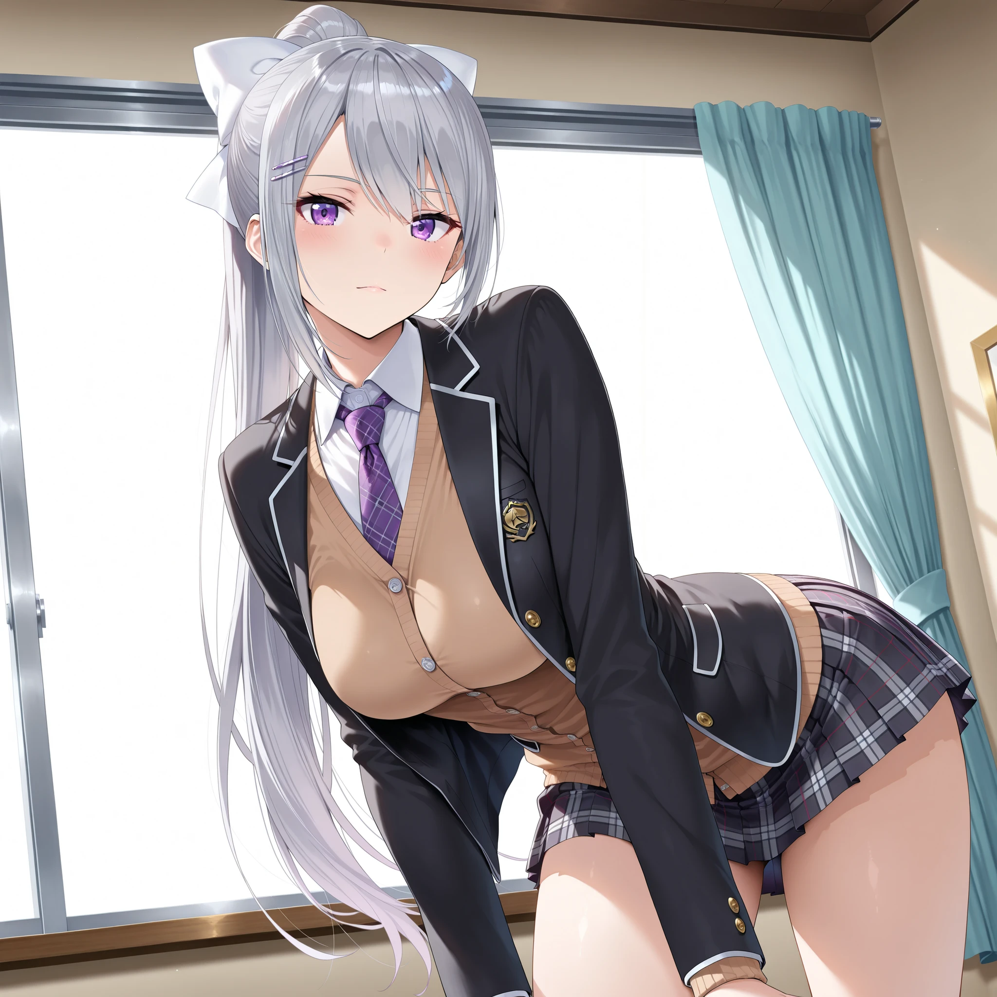 ((1 girl:1.5))、(smile:1.5)、、（cowboy shot）、(fun!!)、(white cardigan:1.5)、(dog ears)、(silver hair)、blush、(long hair)、(eye highlights:1.3)、blake black shoes,(黒いskirt:1.5)、bow, button, shirt with collar, long sleeve,  ((red bow tie, ,, white shirt, チェック柄のskirt:1.5、white socks)),, shirt,, skirt, socks, thighs, white shirt, Rest indoors, ((classroom:1.5))、 BREAK while watching the audience、 (perfect hands, perfect anatomy),cowboy shot、(skirtlift:1.3),(highly detailed white panties:1.3)、(highly detailed panties:1.3)、、(skirt that rolls up:1.3)、(fully exposed panties:1.5)、light blue eyes