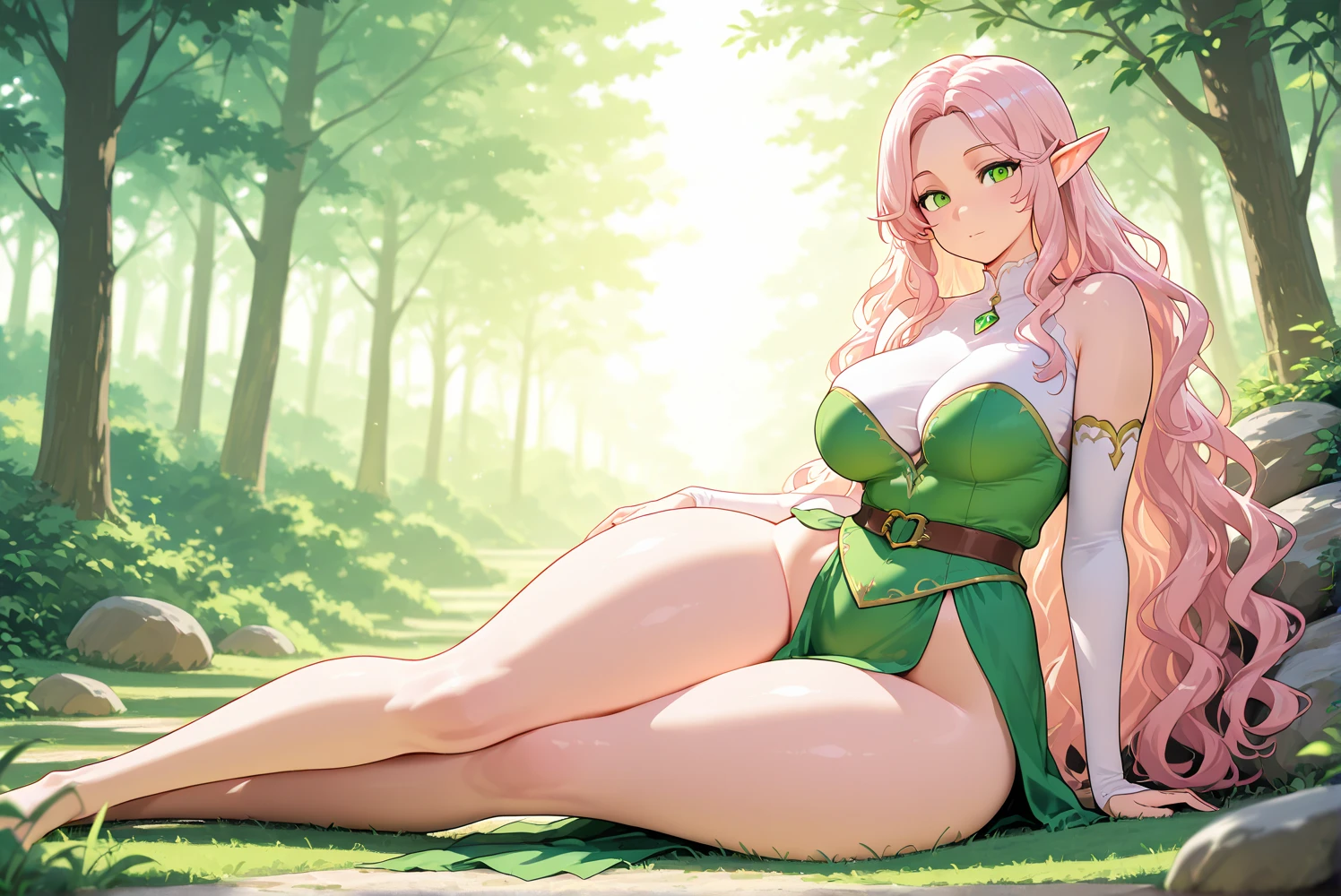 anime-style Plant Girl with a Vibrant Green Skin, Pink Hair cascading like blossoms, Leaves visibly adorning her body, Exuding an Extremely Sexy allure, Beautiful Character with captivating Red eyes, and a smile that could mesmerize a thousand hearts. This captivating artwork, a masterpiece in anime aesthetics, showcases high-definition details, from her anatomically correct features to the intricate patterns of leaves along her body. The red irises of her eyes, glowing with an otherworldly charm, add a touch of mystery to her enchanting smile. This beautiful character, bathed in a soft, cinematic light,