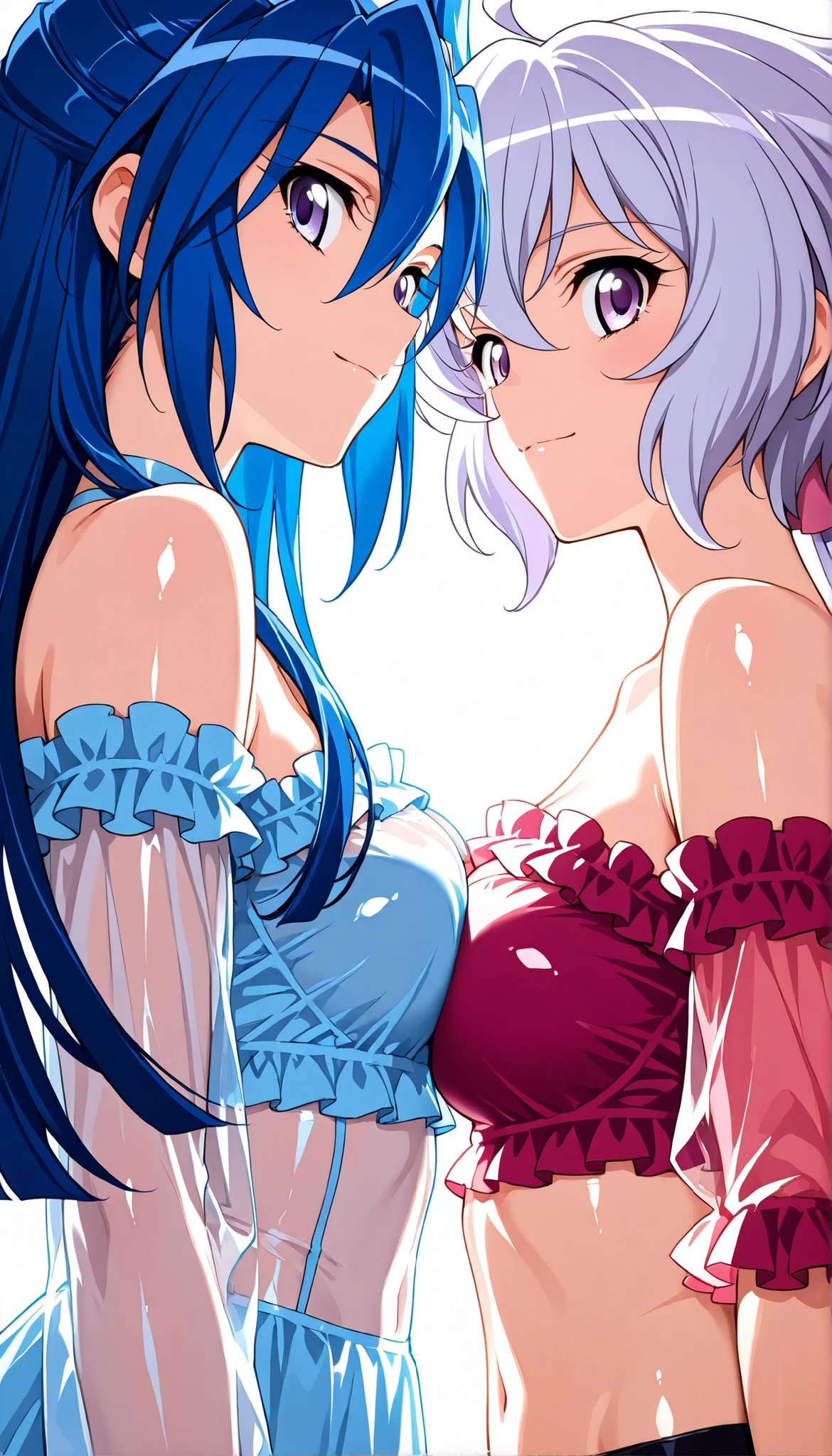 score_9, score_8_up, score_7_up, score_6_up, score_5_up, score_4_up, (source_anime), 2girls, monster musume no Iru Nichijou, (papi from monster musume,girl, blue hair, Little girl body, small breasts), (Centorea, Blonde, half horse, massive breasts, Tall stature), yuri, Human and animal hybrid, age difference, size difference