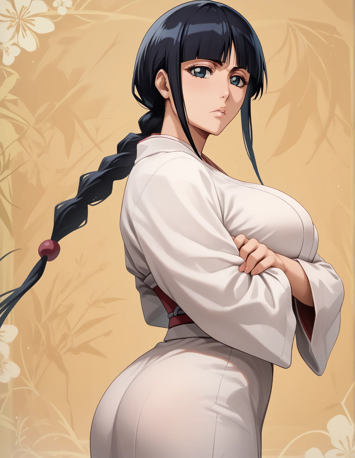 (((完美figure,figure,solo, (((White kimono,long sleeves, wide sleeves, ))),(((purple hair, long hair, hair pulled back,parted lips,purple eyes, Single braid,))),((masterpiece)),high resolution, ((Best quality at best)),masterpiece,quality,Best quality,((( Exquisite facial features,Looking at the audience,There is light in the eyes,(((lol,Happy,))),))),(((Light and shadow,Huge breasts))),(((Looking at the camera,White background,Sitting astride,Open your legs,From below,Looking up))))