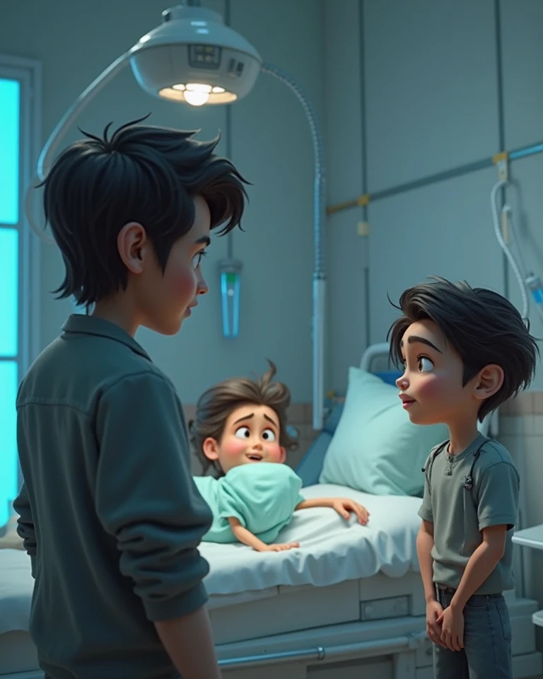((Best Quality)), ((Masterpiece)), (detailed), several children with their insulin sensor on their arm, 2 of them playing, and 3 others sitting in the hospital room with their parents. Elements like: insulin and devices to control diabetes being used 