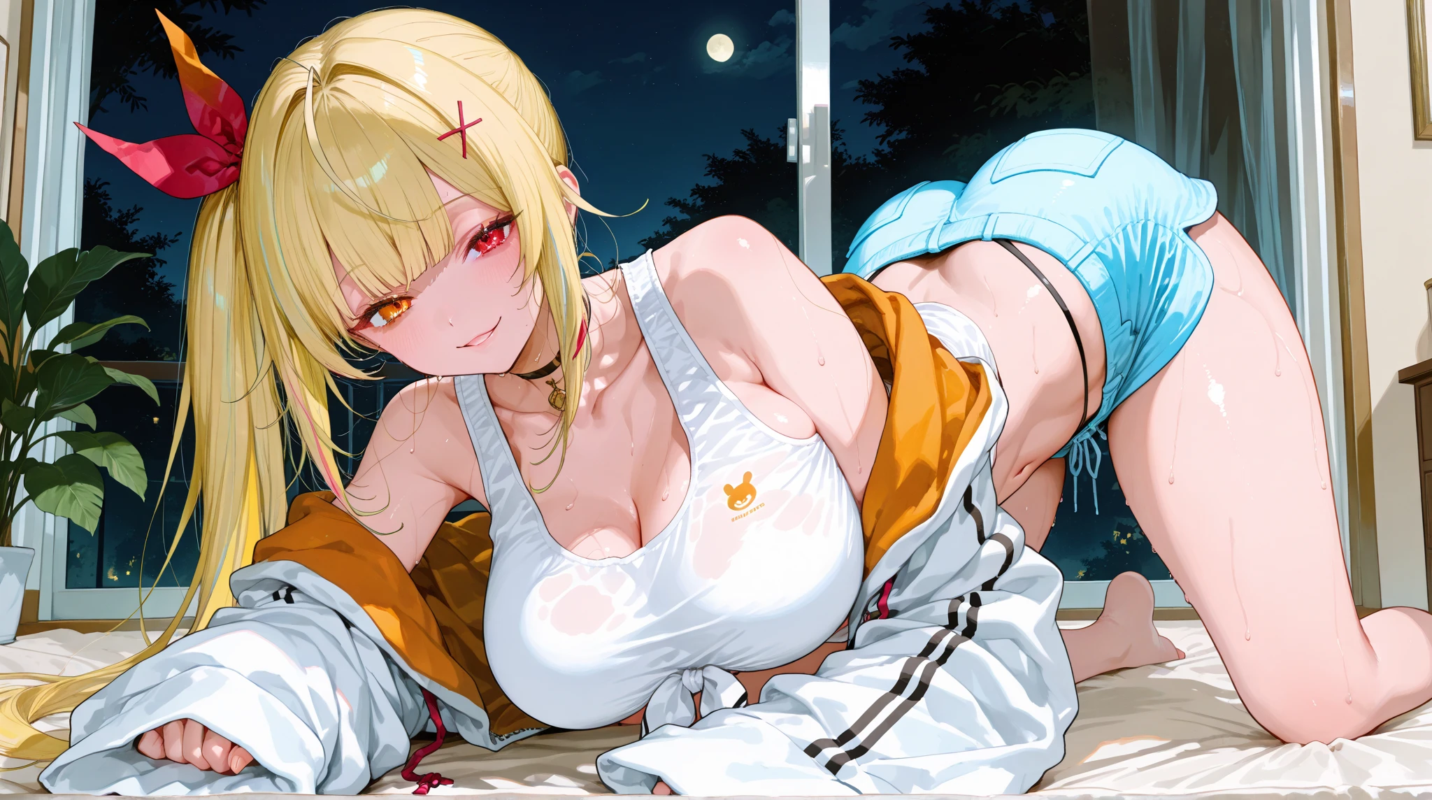 1 female,large breasts,short hair,1 boy fellatio,penis,female's pause is crab crotch,female is wearing tank top,female is bra lift,female one hand is grabbing own breasts,nsfw,master piece,anime style,