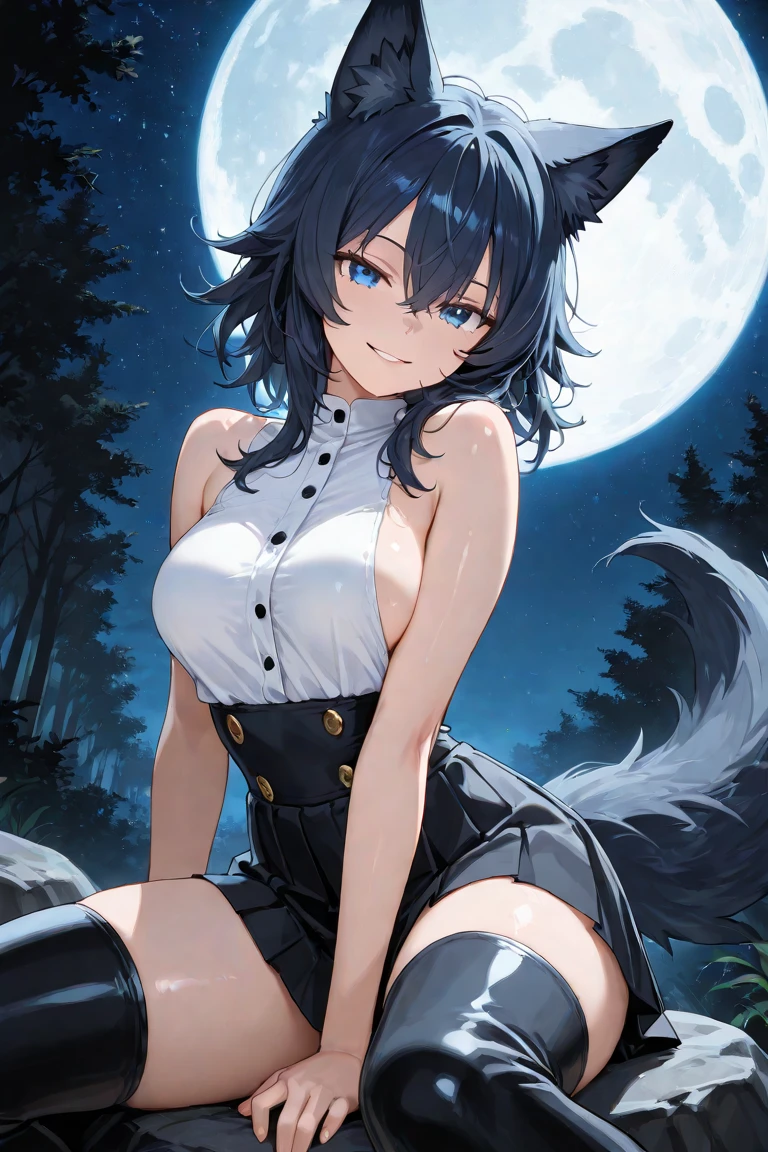 ，skirt，Black wolf tail and wolf ears，A boy with very big breasts，Pitiful，No shoes，Shameful expression，Wearing black thigh-high，E Cup，Kneeling