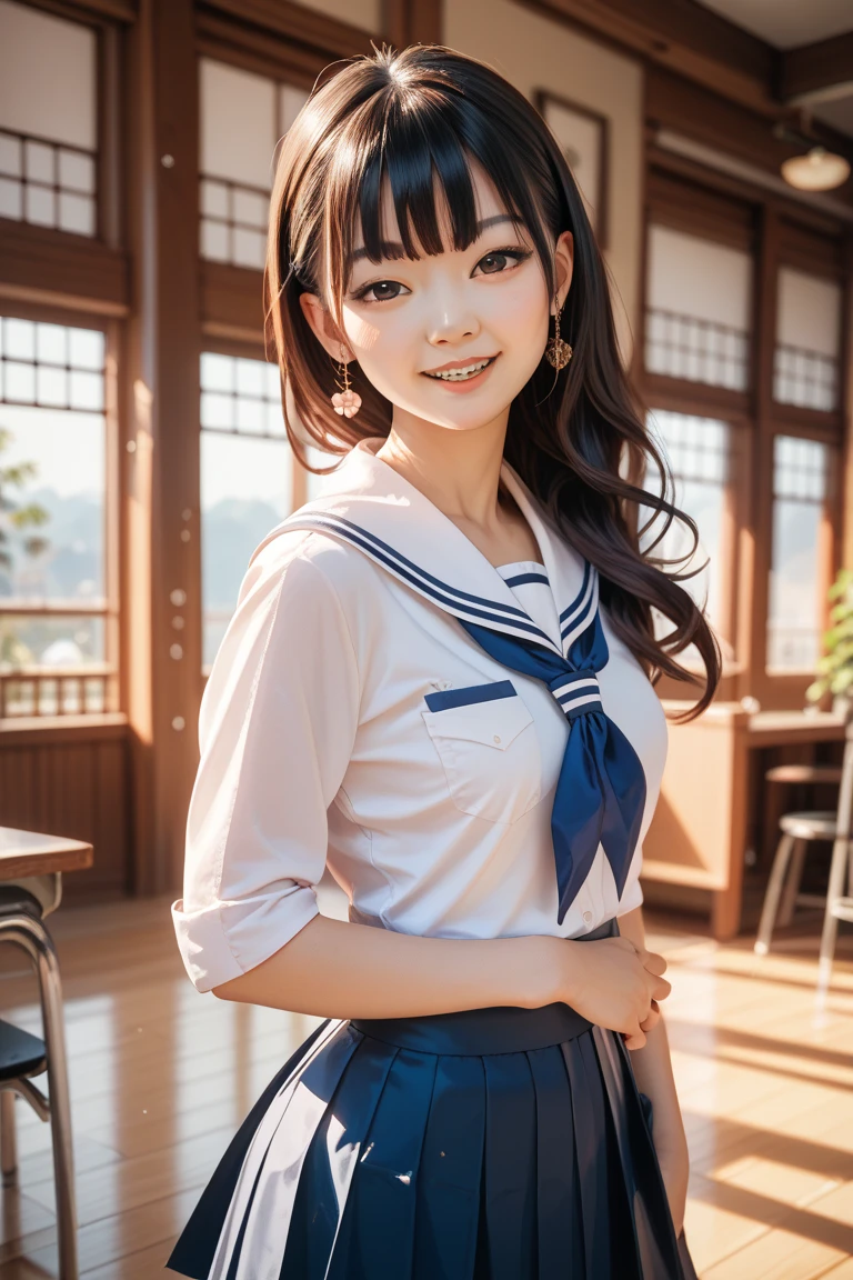 (Highest quality,masterpiece:1.3,Ultra-high resolution),(Very detailed、Caustics) (Realistic:1.4, RAW shooting、)Ultra-Realistic Capture、Very detailed、Natural skin texture、masterpiece、(A Japanese elementary school girl wearing a junior high school sailor uniform:1.3)、Adorable expression、Expressions of happiness、10 years old、height: 140cm、Baby Face、Pure girl、Amazingly cute、Twin tail hairstyle、Align your bangs、Curly Hair、Ribbon tie、Black Hair、Large Breasts、Shining thighs、Shining ass、Shooting on the main street of a tourist spot、Shooting at night、Background details、smile、An inviting gaze、(Anatomically correct)、Cowboy Shot、Attention to detail、