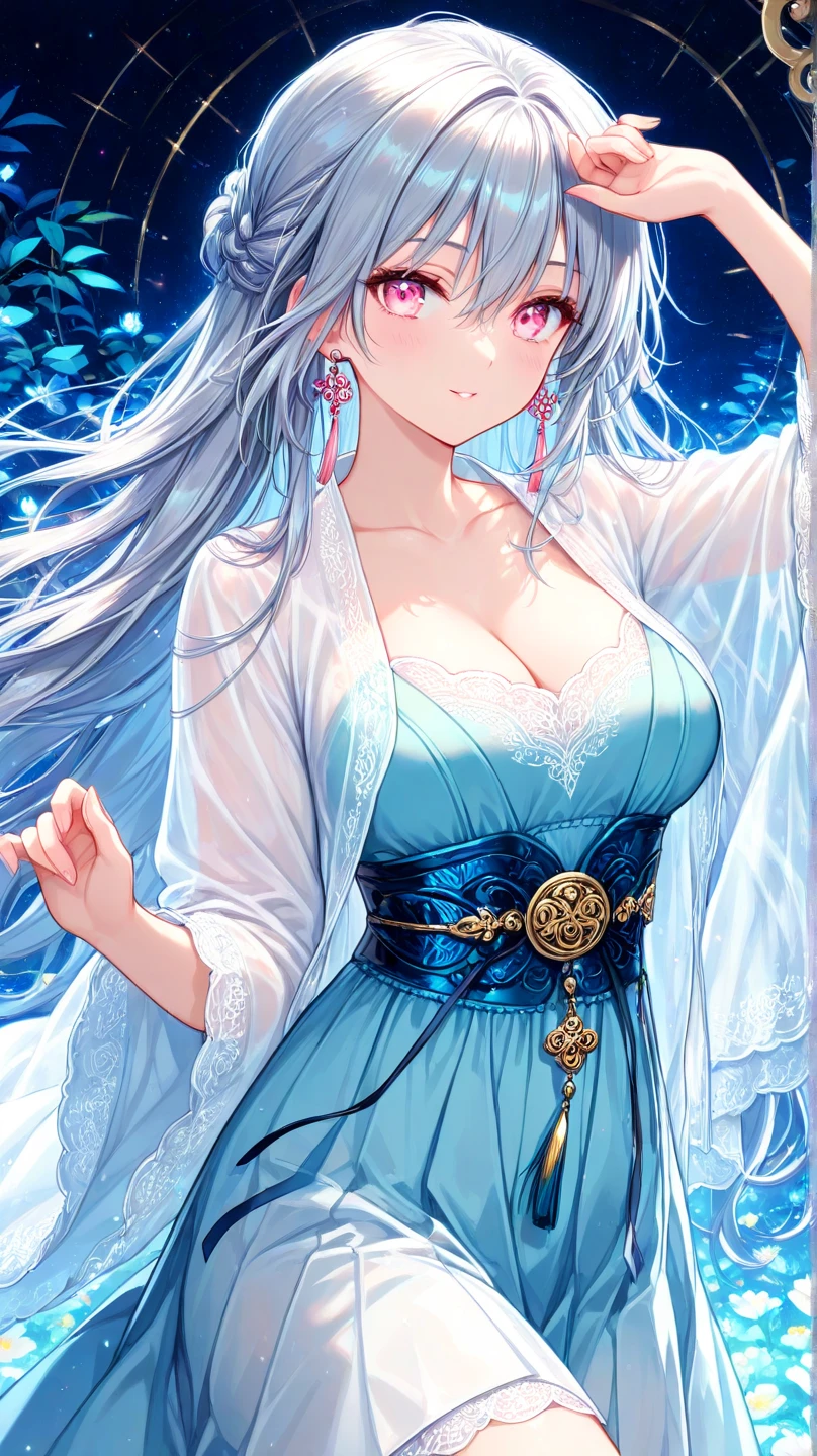 (((Masterpiece))), (((Highest quality))), ((Ultra-detailed)), ((Super fine illustration)), ((Ultra-fine painting)), (16K highest quality wallpaper:1.4), (Upper body:1.6), HDR, (Highly detailed and delicate illustration style:1.8), Detailed skin texture, Detailed cloth texture, Extreme detailed description, (Highly detailed face:1.4), (Highly detailed silver fox ears:1.2), (Highly beautiful and detailed low-ponytail:1.2), (Highly beautiful and detailed blue eyes:1.2), Original, Intricate details, Super details, (Perfect anatomy:1.4), (Highly detailed hands:1.2), (Highly detailed fingers:1.2), (Highly detailed fingertips:1.2), (Sexy), (Sexy), (27-years-old:1.4), (Solo:1.6), ((A very beautiful and attractive silver (fox:1.2) female fashion model:1.4)) BRAKE (Beautiful and adorable silver fox ears:1.6), (Highly detailed and delicate silver fox ears:1.2), (Beautiful and well-shaped big breasts:1.2), (Beautiful and well-shaped buttocks), (Beautiful and shiny rainbow-colored low-ponytail, colorful low-ponytail:1.4), (Highly detailed and delicate silver low-ponytail:1.4), (Beautiful and clear blue eyes:1.5), (Highly detailed and delicate blue eyes:1.2), (Highly detailed face:1.4), (Smile:1.5), (Blush:1.3), (Looking at viewer:1.4), (Dynamic pose:1.2), (Celebration:1.4) BRAKE (Bright white Off-the-shoulder and cleavage traditional Japanese kimono:1.4), (Turquoise-blue traditional Japanese hakama skirt:1.4), (Off-the-Shoulder and cleavage Japanese traditional costume:1.2) BRAKE ((Very beautiful and detailed waterfall in the background just after a summer afternoon:1.4), Very beautiful and detailed waterfall just after a summer afternoon:1.2) BRAKE (NSFW) BRAKE 