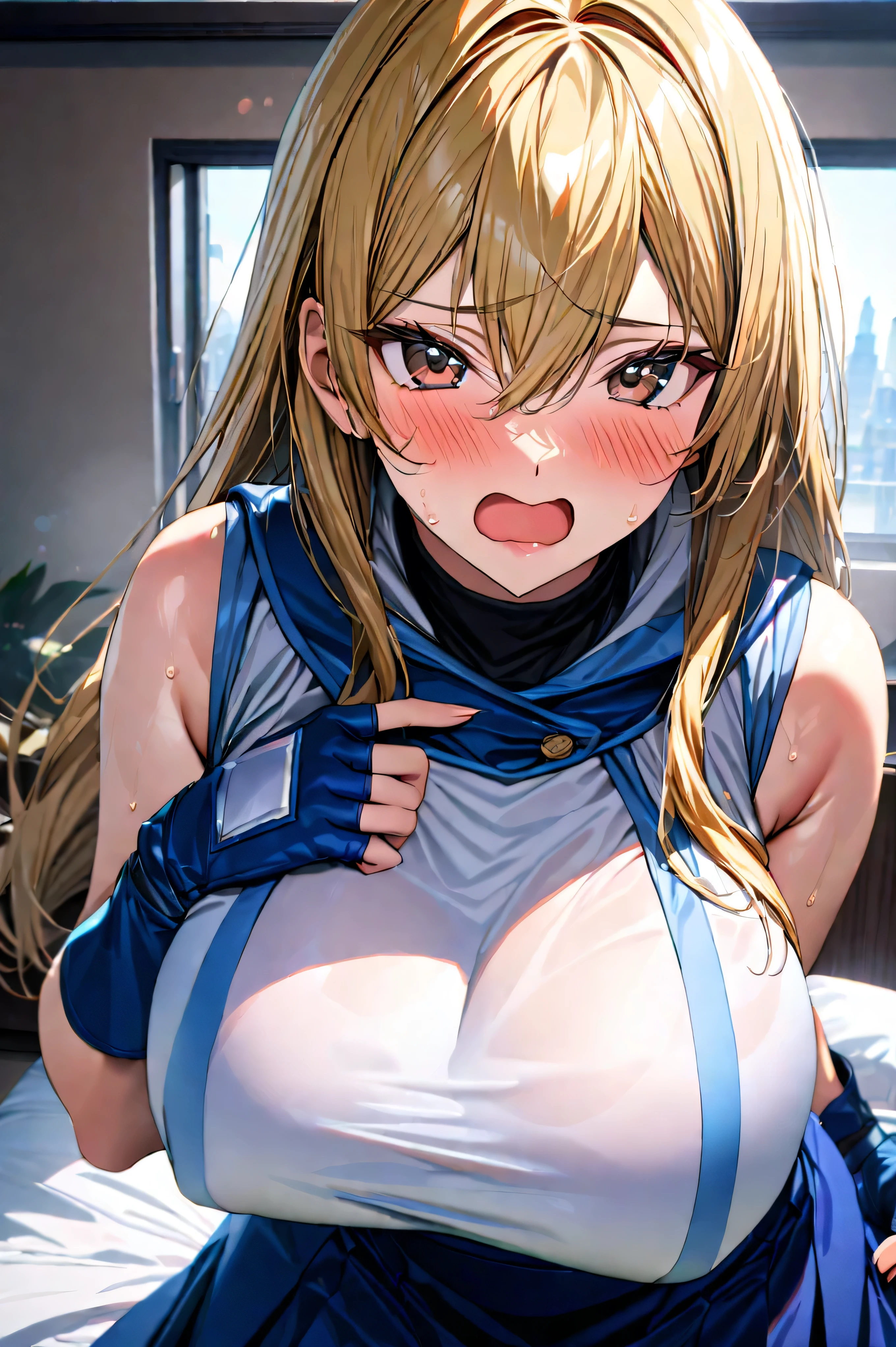 score_9,score_8_up,core_7_up,reverse suspended congress, 1girl, breasts, uncensored, 2boys, penis, threesome, multiple boys, ((paizuri)),((titjob)),(penis between her tits)mmf threesome, sex, group sex,(holding penis),1 Female,High definition,high resolution,Ultra-realistic,8K, ta1,blonde hair,long hair,yellow eyes, white jacket, sleeveless, blue skirt,tight skirt , miniskirt,fingerless gloves,large breasts,European,sexy,Upper body close-up,Photographed from the front,Dynamic Angles,blush, medium tits, happy, wink the eye,facial, sweat,((nipples)),((upper body))