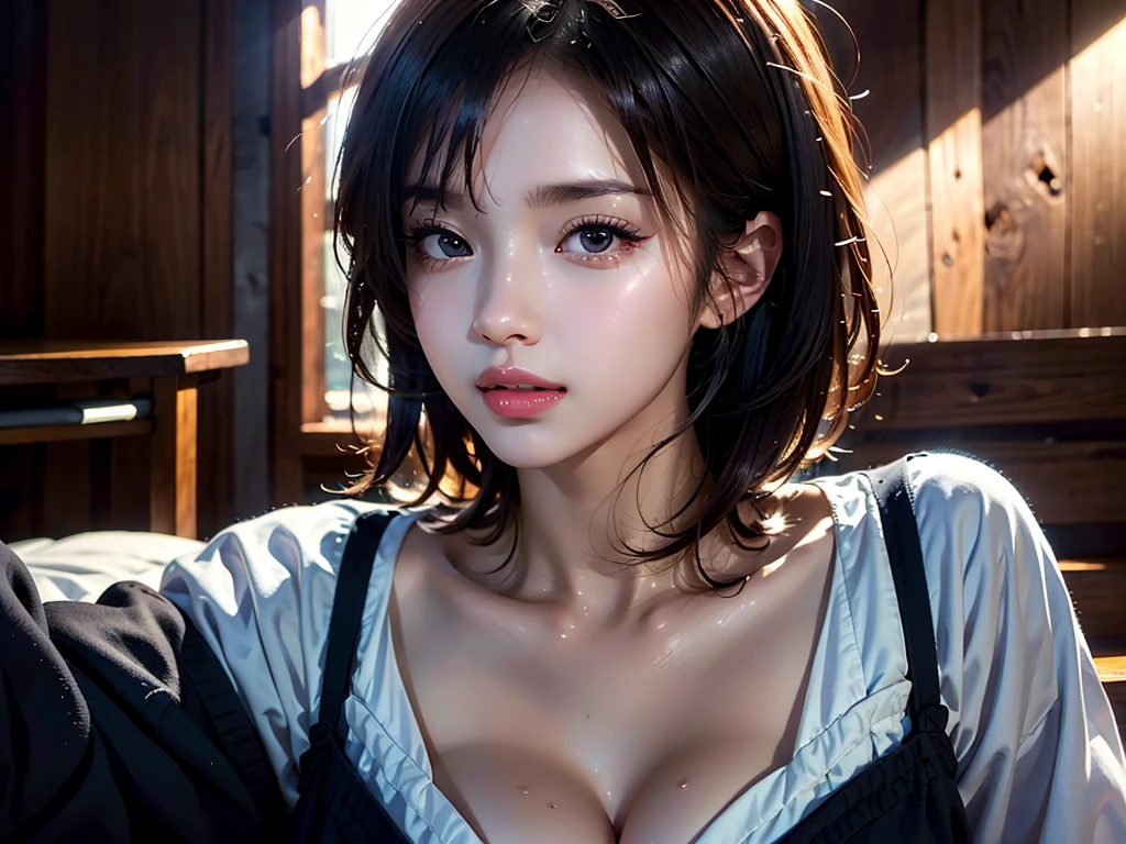 photo-realistic, surreal, cinematic lighting, 32K, 1 girl, look up, Backlight, (bright light:1.2), (Improvement of quality:1.4), (Highest quality realistic textured skin:1.4), detailed eyes, detailed face, short hair, bangs, (Enhances the beauty of skin texture:1.1), matte texture, Upper body, big breasts,Close eyes, open your lips, Expression of feeling, crying face, Cum while looking at the camera, Panting with mouth wide open, crying face, Watery eye, bloodshot eyes, wet body