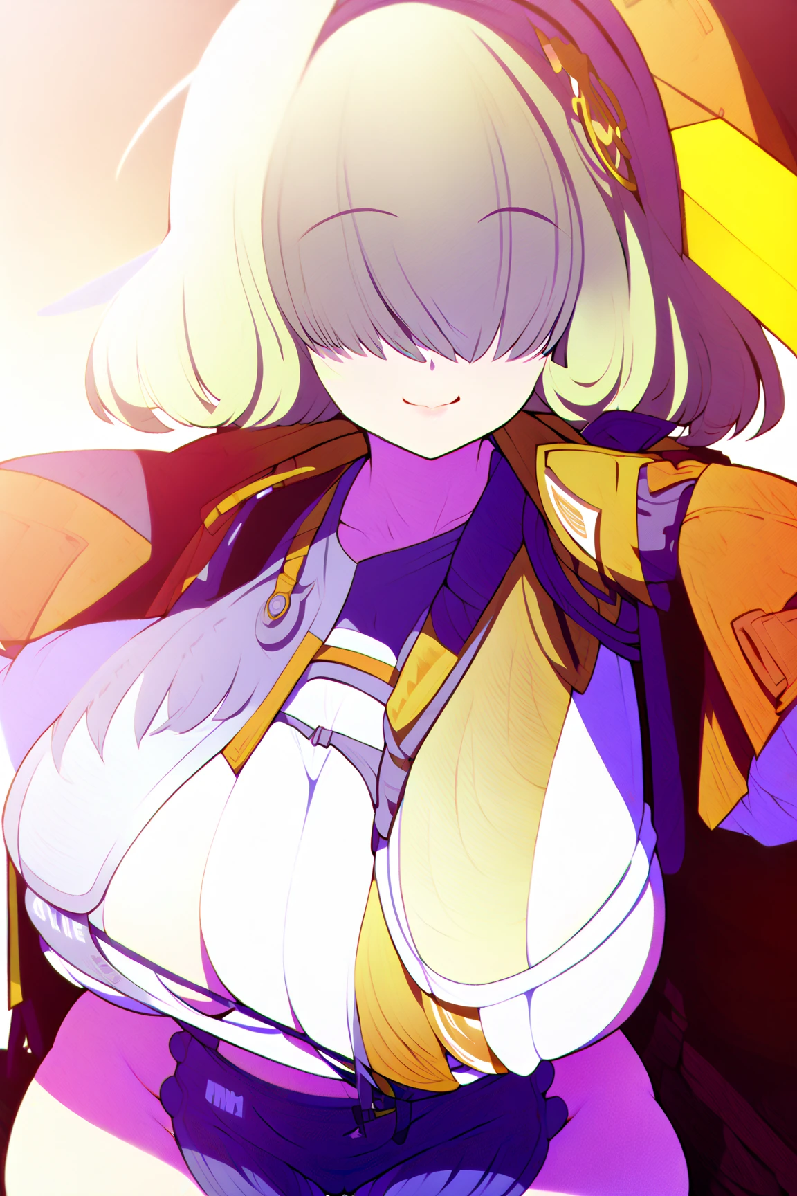 (masterpiece,Highest quality),1 ,Embarrassed,(Light purple hair),Short Hair,Large Breasts,Curly Hair, ((Black bodysuit)),Open jacket,underwear