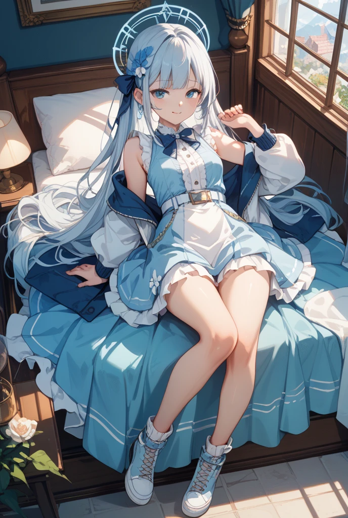 (master piece, high-quality, Mystical, long legs:1.2, ideal ratio of body proportions), (ultra high resolution, 8K RAW photo, photorealistics, natural lighting, textile shading), long shot photo:1.6, (1 beautiful anime girl:1.3, , solo:1.6, milf:1.5, nsfw:1.2, full body:1.3), shinny skin, BREAK, ((alice in the wonderland:1.3, cute, kawaii, lovely, funny, a girl falling down from sky:1.7, girl flying in sky:1.5, girl floating in air:1.3, rolling upskirt by wind:1.5, (full smiling:1.3), surprised, putting hands on crotch over the skirts:1.35)), BREAK, ((floating things as follows, PlayingCards, Trump, tea cup, tea pot, tea spoons, pocket watch:1.3, lip sticks, candies:1.2, cookies, jam bottles, classical door_keys)), ((purply_Blue dress :1.5, wearing long flaired skirt:1.3, the skirt is blowing:1.3, White Apron, white stockingedium long platinum-blonde hair:1.2, twin tail hair:1.6, tied hair with a large ribbon), (Blue eyes, bright pupils with highlights, detailed eyes), (lying down on your back:1.6, spreading legs with rising up straight:1.5), ((dutch angle:1.5, full body:1.3, ass focus:1.3, from below:1.5, unbalance posture)), fantastic colorful art, (fantasy art:1.5, wondered images), ((correct anatomy:1.5, perfect anatomy:1.3, correct hand, small foot:1.2)),