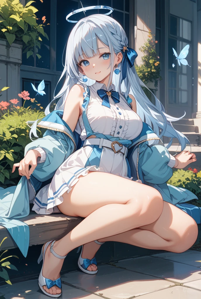 masterpiece, top-quality, high_resolution, fine detailed, highly detailed and beautiful, distinct_image, 1 rapariga, 独奏, frombelow, silber hair, red eyes,, (huge-breasted), (tits out), outside of house, a plant, botanical garden, Dolphin Shorts, Arms behind