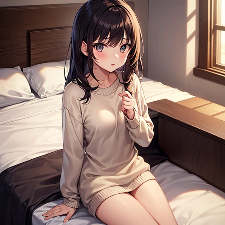 (1 person、solo), Beautiful woman, Anatomically perfect body, Slender、(Tight turtleneck sweater、extra detailed side tie panty), (Look down:1.2), (Pussy juice:1.2)、(Embrace your chest:1.2)、20-year-old、(highest quality)、Black Hair, bedroom、On the bed、Sitting、(8k, High resolution)、(shy:1.4)、Mid-chest, (steam:1.1), (embarrassed:1.3), multiple angles