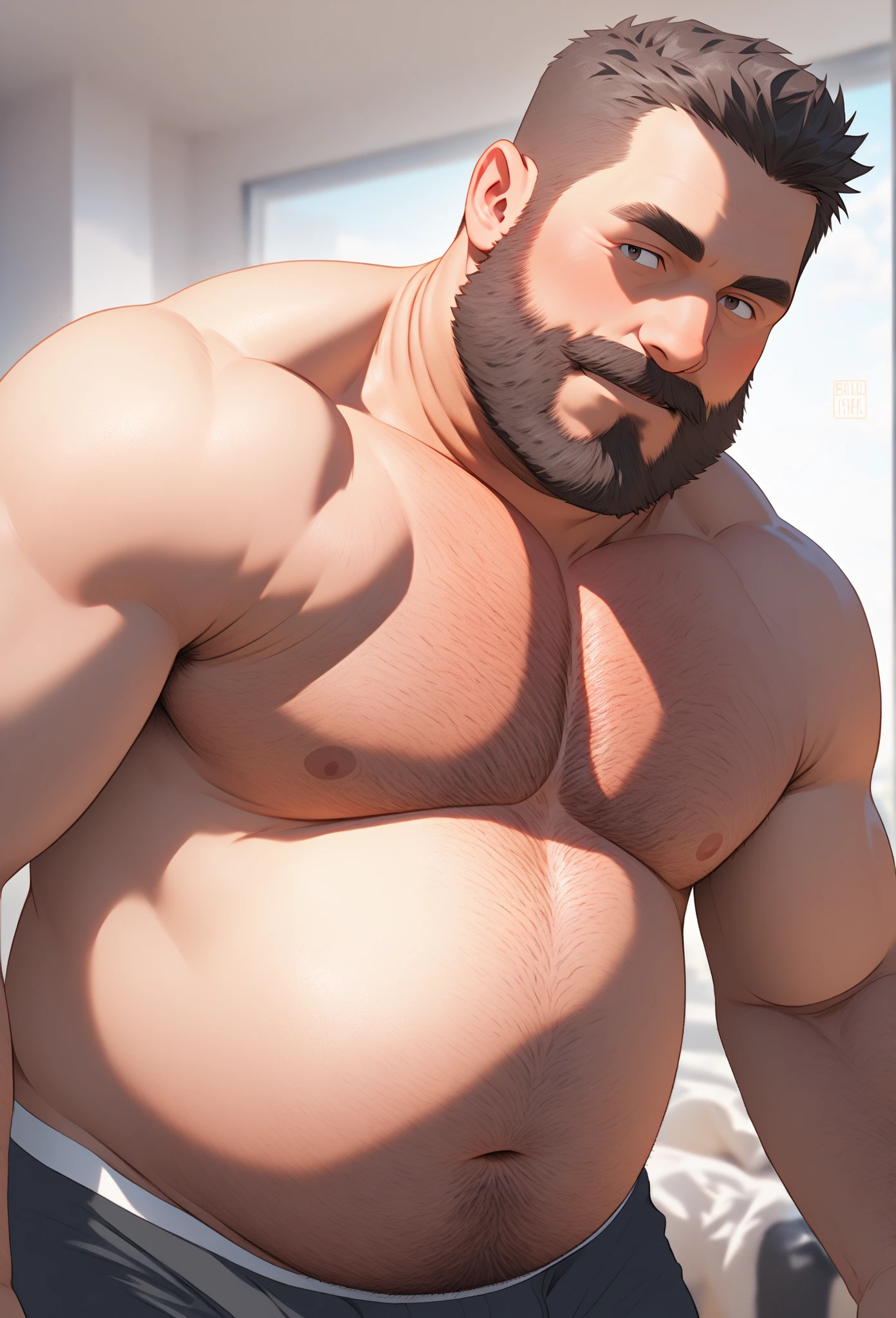 8K HDR Very Extremely Realistic Very Detailed High Quality 8K HDR Very Realistic 46 year old daddy rugged beefy big thick burly chubby bodybuilder muscle bears man, 8KHDR very realistic beared big daddy muscle bear, and 8KHDR very realistic detailed rugged burly man in shorts, 8KHDR very realistic hair, 8KHDR very realistic beards, 8KHDR very realistic thick chubby fat neck, 8KHDR very realistic neck lines, 8KHDR very realistic detailed neck, 8KHDR very realistic burly chest, 8KHDR very realistic detailed hairy burly chest and arms, 8KHDR very realistic detailed hairy burly chest and arms, 8KHDR very realistic burly muscle bear body, 8KHDR very realistic nipples, 8KHDR very realistic burly muscle bear body, 8KHDR very realistic face, 8KHDR very realistic detailed face, 8KHDR very realistic eyes, 8KHDR very realistic detailed eyes, 8KHDR very realistic pupils, 8KHDR very realistic detailed pupils, 8KHDR very realistic head, 8KHDR very realistic waist, 8KHDR very realistic facial features, 8KHDR very realistic burly arms, 8KHDR very realistic elbows, 8KHDR very realistic hands, 8KHDR very realistic pecs, 8KHDR very realistic belly, 8KHDR very realistic human man body, 8K HDR very realistic bellybutton, 8KHDR very realistic wrists, 8KHDR very realistic fingers, 8KHDR very realistic fingernails, 8KHDR very realistic shoulders, 8KHDR very realistic mouth, 8KHDR very realistic lips, 8KHDR very realistic mens clothing, 8KHDR very realistic detailed mens clothing. 8KHDR Very Realistic Hairy Bearded Burly Muscle bear Photoshoot, 8KHDR Very Realistic Ultra-detailed, 8KHDR very realistic detailed bedroom surroundings, 8KHDR very realistic surroundings lighting, No Deformities, An ultra-realistic photograph captured with a Sony α7 III camera, equipped with an 85mm lens in F 1.2 aperture, The cutting-edge Midjourney v5, ( best quality, highres, realistic:1.37), Super real detailed skin, Ultra-detailed, Photorealistic 1.4, hyper photorealism, 8K HDR Clear HDR Quality,