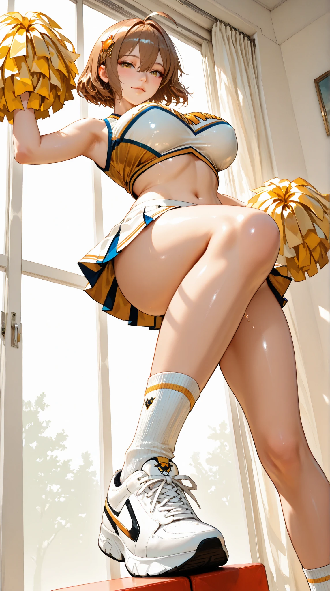 Photorealistic, just like image but real girl, cheerleader sitting on a couch spreading her legs, (((black hair)(long black wavy hair with bangs, black bangs hair))), brown pantyhose with cotton gusset at the crotch, cheerleader uniform, 20 yrs old, brown sheer gloss pantyhose,  cute bubble butt in pantyhose out to the side, (((light brown pantyhose with cotton panel crotch))), one leg is straight up hyper extended, holding leg up with one arm, hand grabbing ankle of leg that is up, girl face is beautiful and looking right at the camera, photorealistic, shiny realistic dark brown pantyhose 