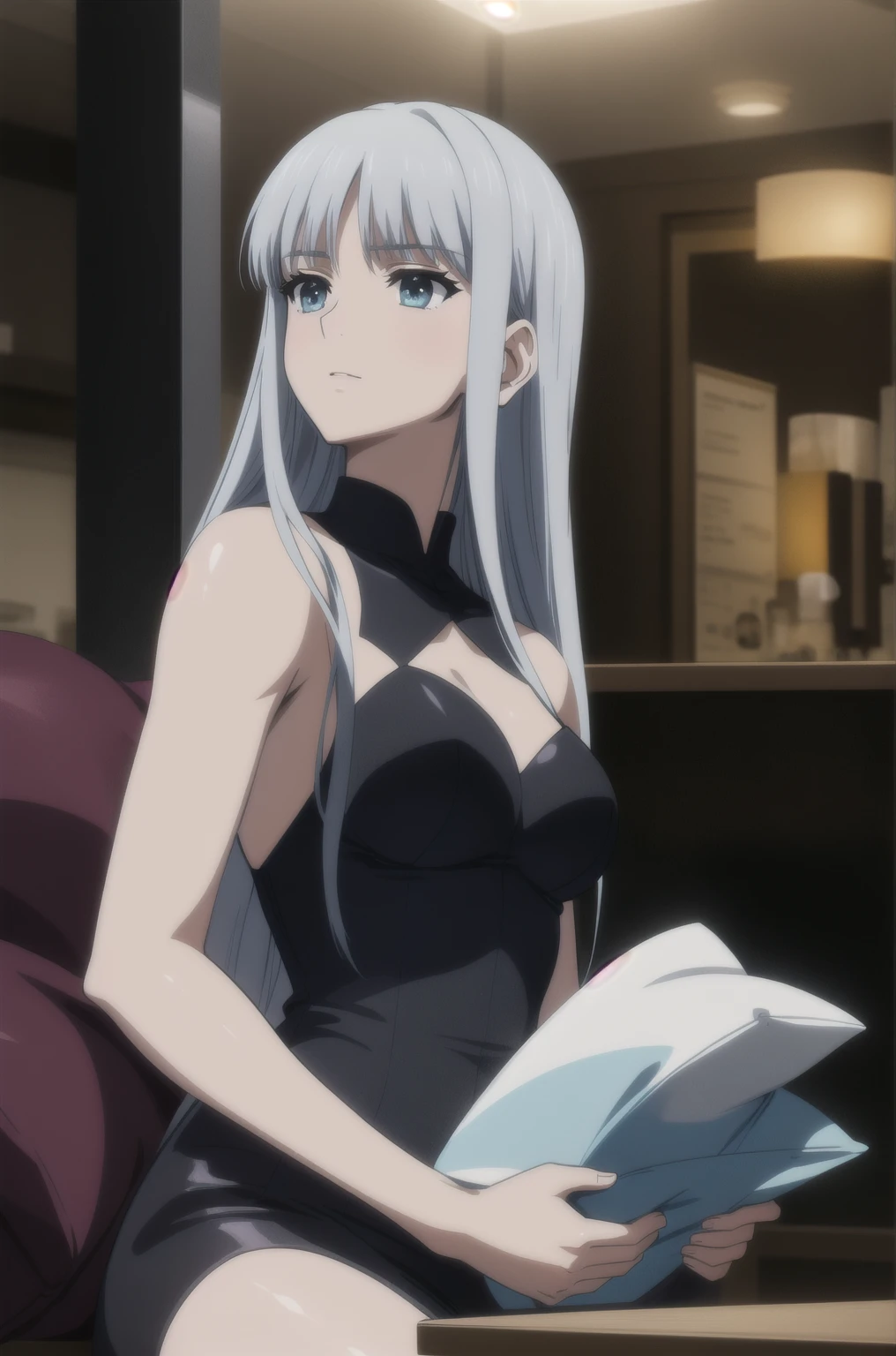 1girl, female gojo satoru, anime screencap from jujutsu kaisen, gojo satoru female version, solo, long_hair, Red eyes (silver_hair)), (hanging breasts) upper_body, smile, indoors, book, red_eyes, lips, ( ponytail) ((wearing bunny outfit ) breast, "very detailed and high resolution" (Red eyes) ((solo)) (earings) ((high resolution)) ((good quality)) ((side bangs)) (sitting)